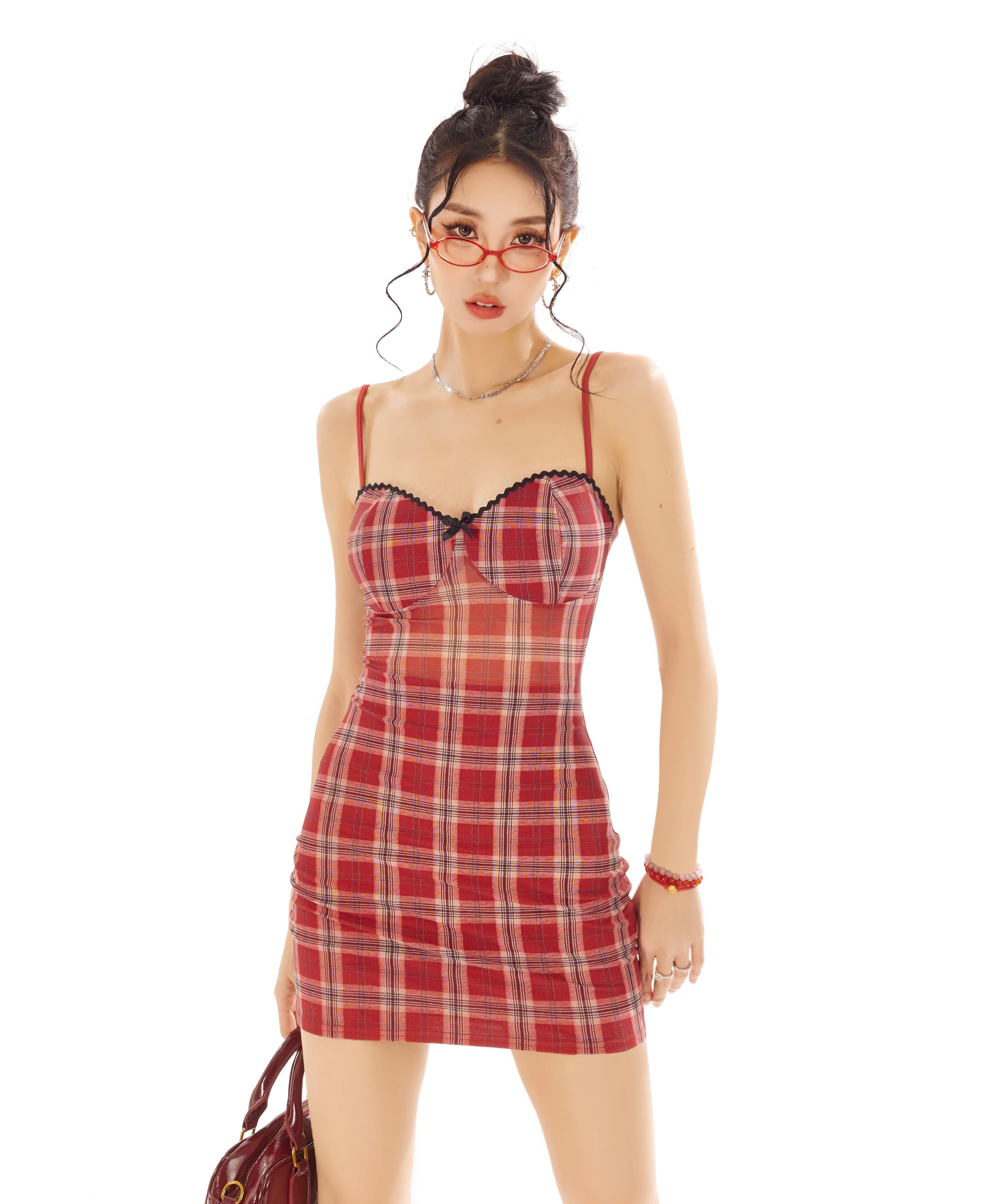 野生zero红色格子网纱吊带连衣裙女夏季季辣妹收腰修身包臀短裙子