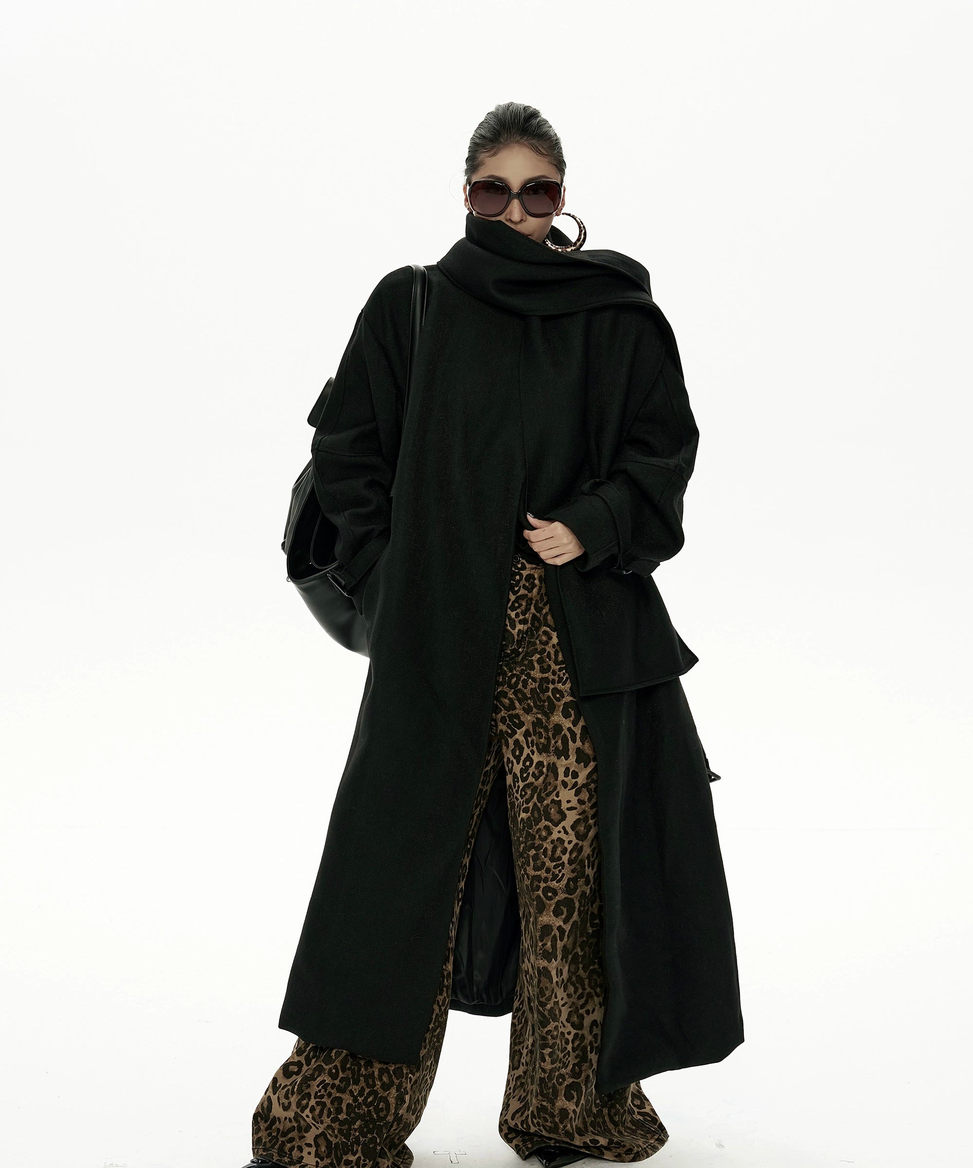 野生zero黑色长款廓形毛呢外套女秋冬2025新款高级感宽松风衣大衣