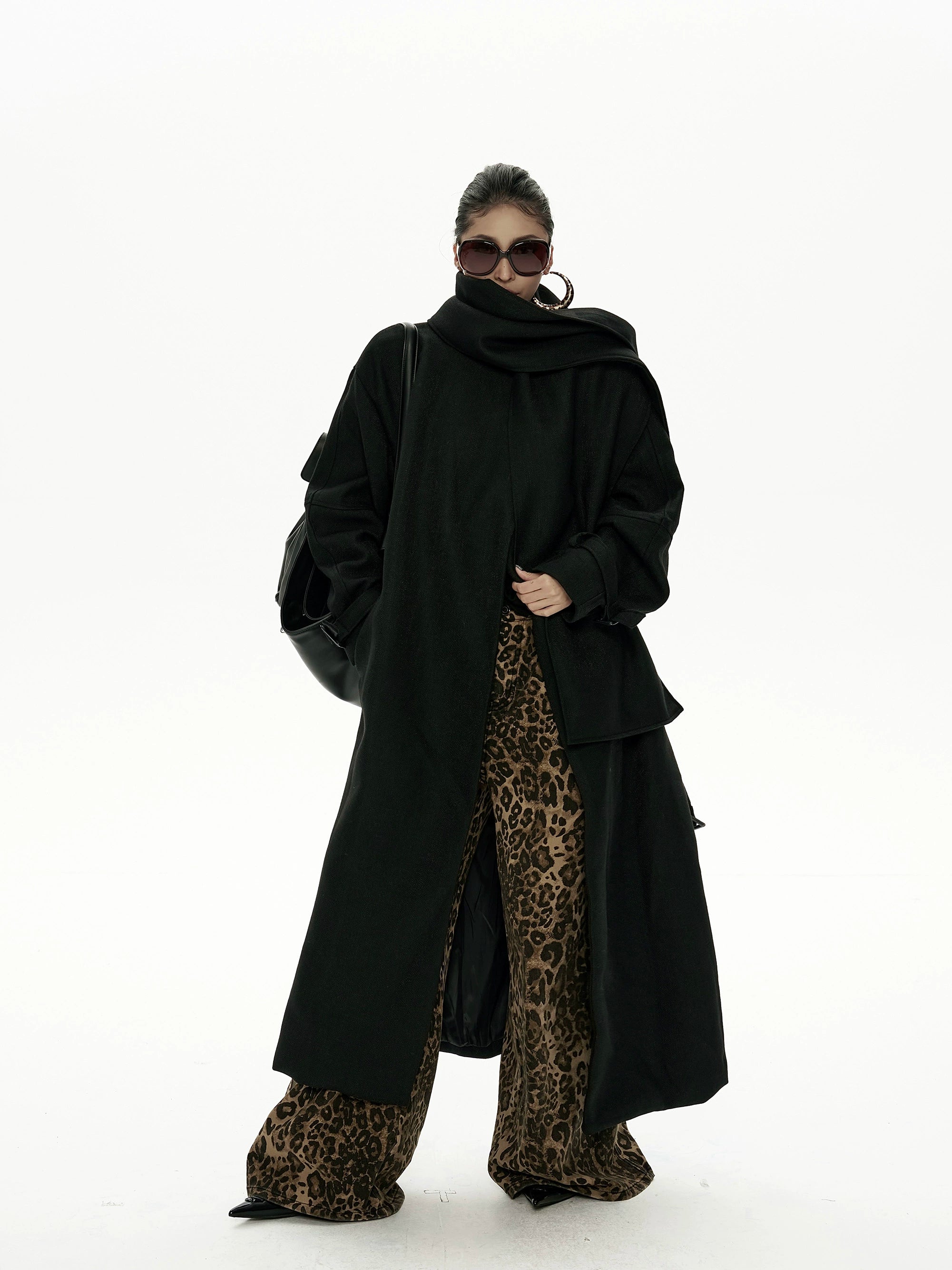 野生zero黑色长款廓形毛呢外套女秋冬2025新款高级感宽松风衣大衣