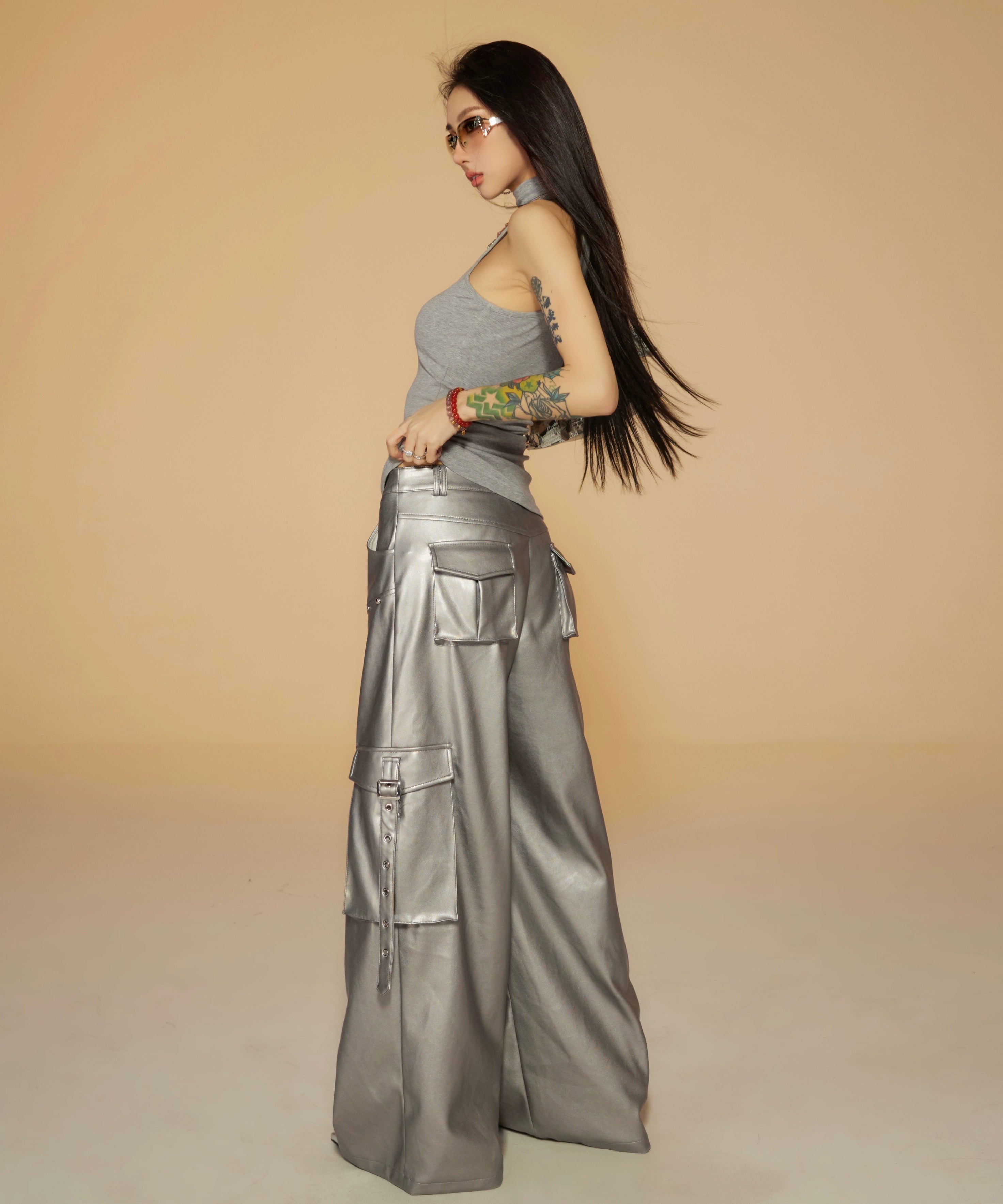 野生zerocircle皮裤女春季设计感宽松显瘦直筒休闲阔腿黑银色裤子