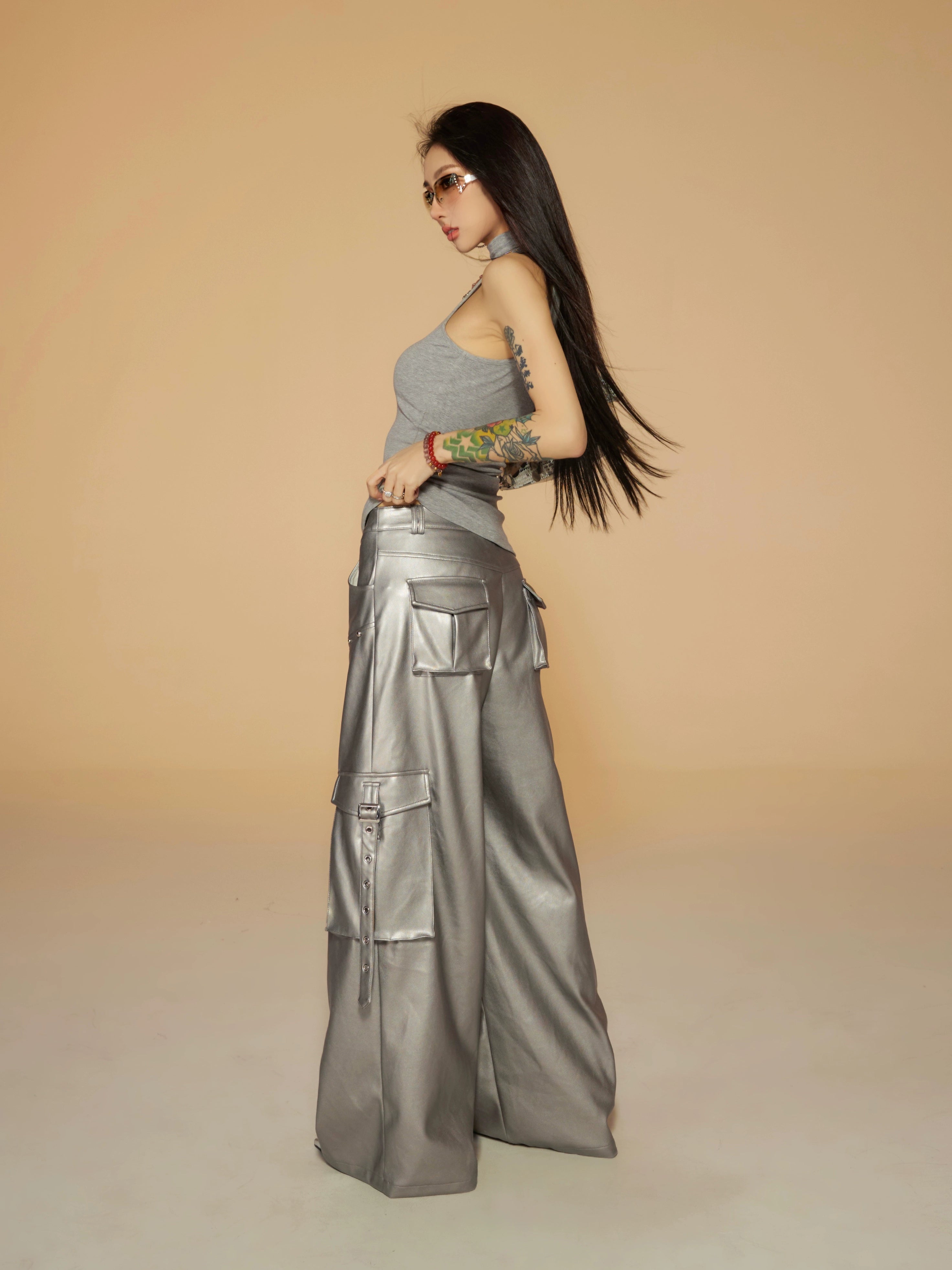 野生zerocircle皮裤女春季设计感宽松显瘦直筒休闲阔腿黑银色裤子