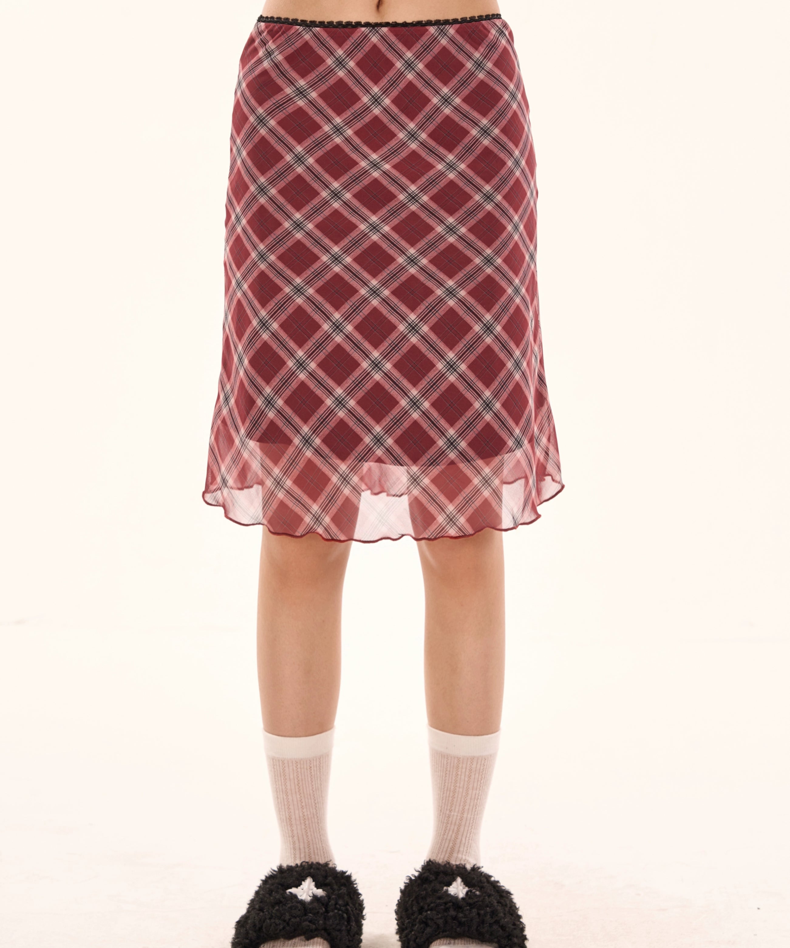 野生zerocircle 红色格子中长款半身裙女春夏a字显瘦低腰雪纺裙子