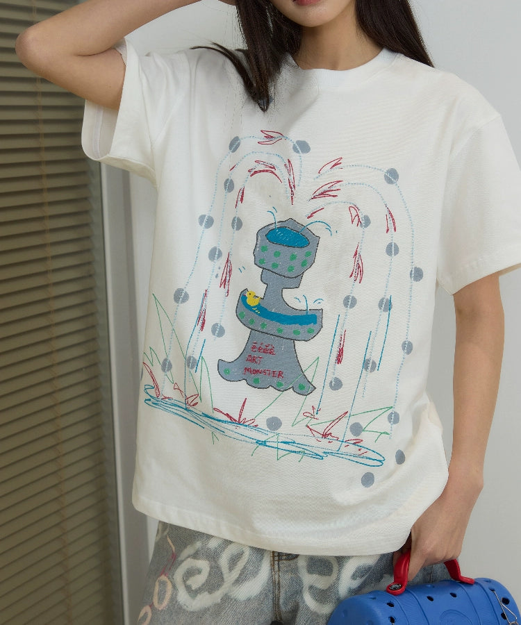 “闪光泉涌”| eeee小众设计感创意涂鸦喷泉短袖重工珠绣T恤夏季
