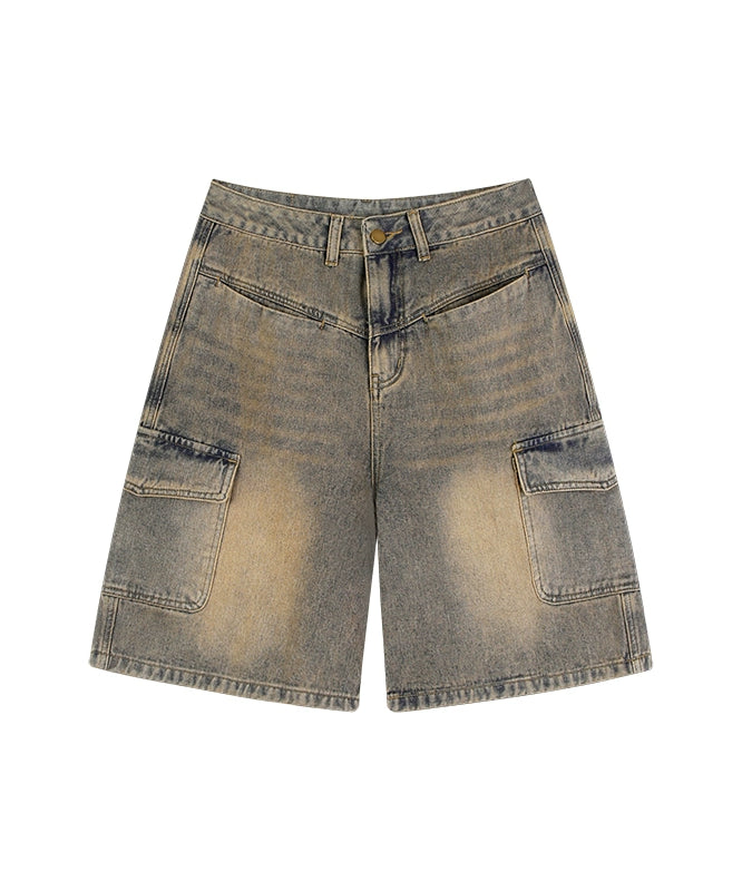 野生zero复古水洗牛仔短裤女夏美式小众显瘦宽松阔腿直筒五分裤子