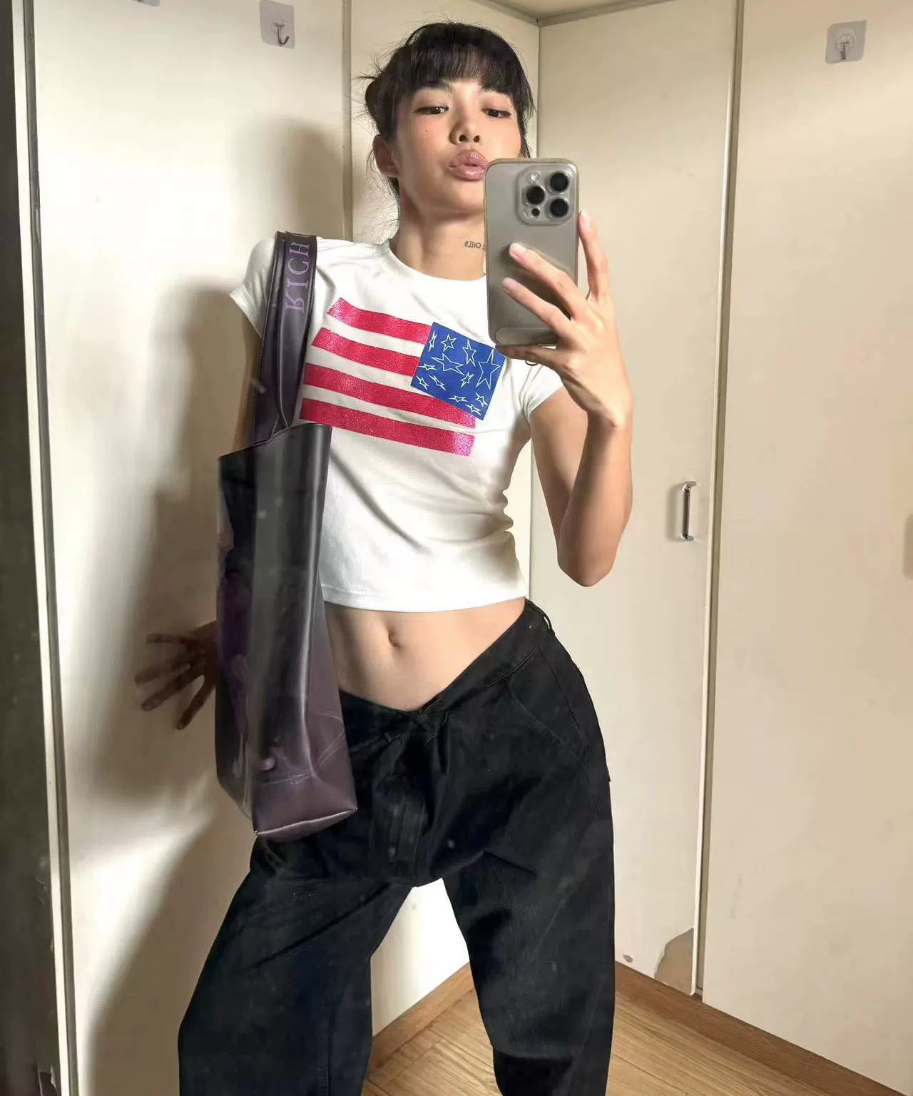 闪粉印花性感紧身高弹辣妹短款美式T恤羊绒圆领短袖女