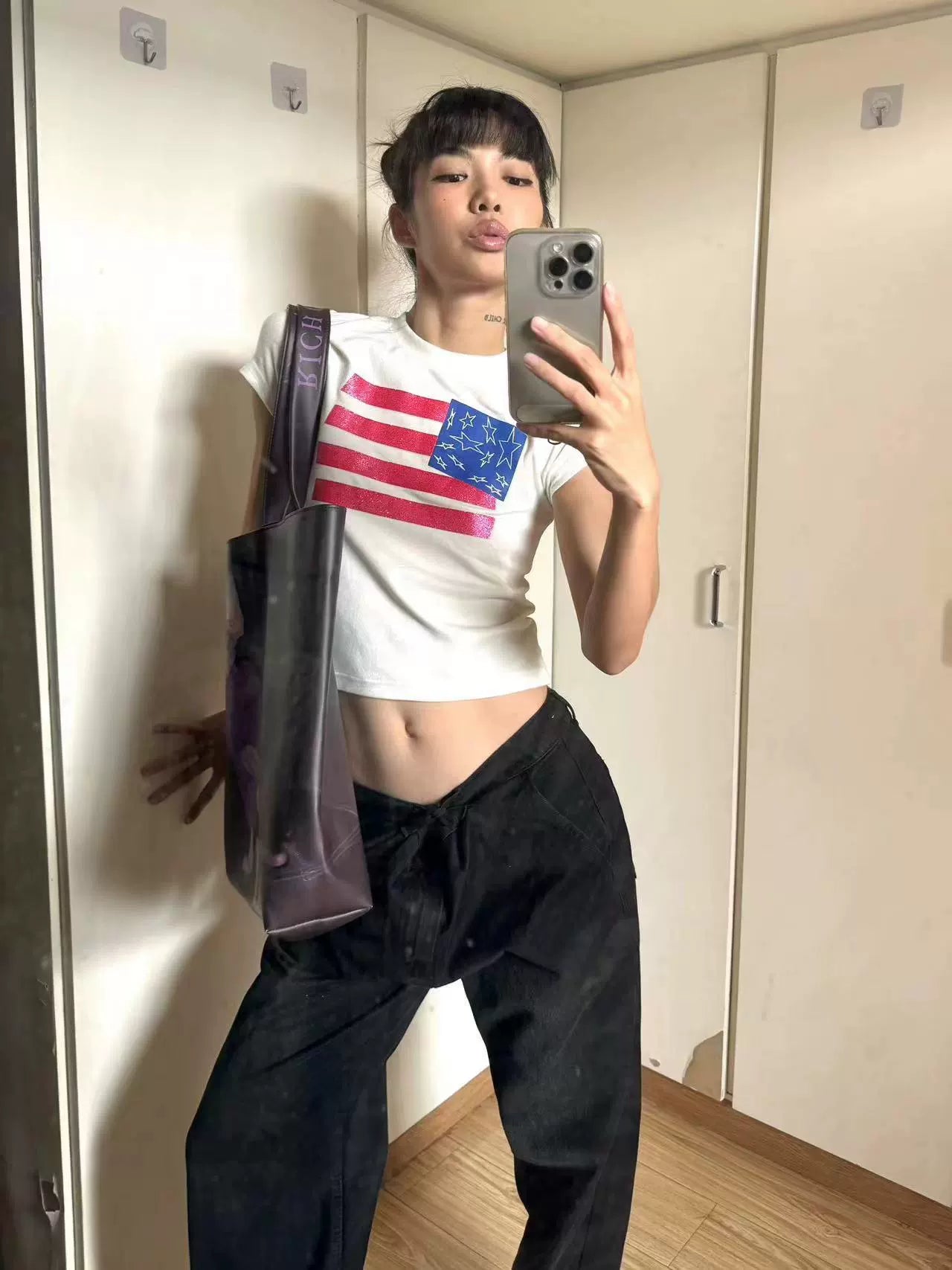 闪粉印花性感紧身高弹辣妹短款美式T恤羊绒圆领短袖女