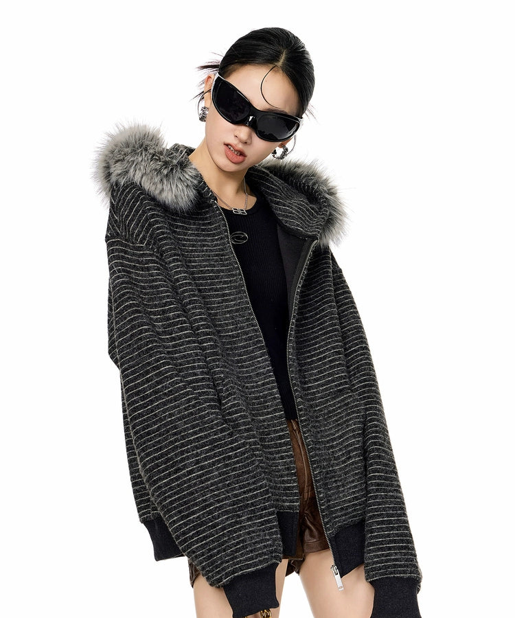 ICH MODE 美式复古条纹毛领连帽卫衣外套女秋冬休闲宽松开衫上衣