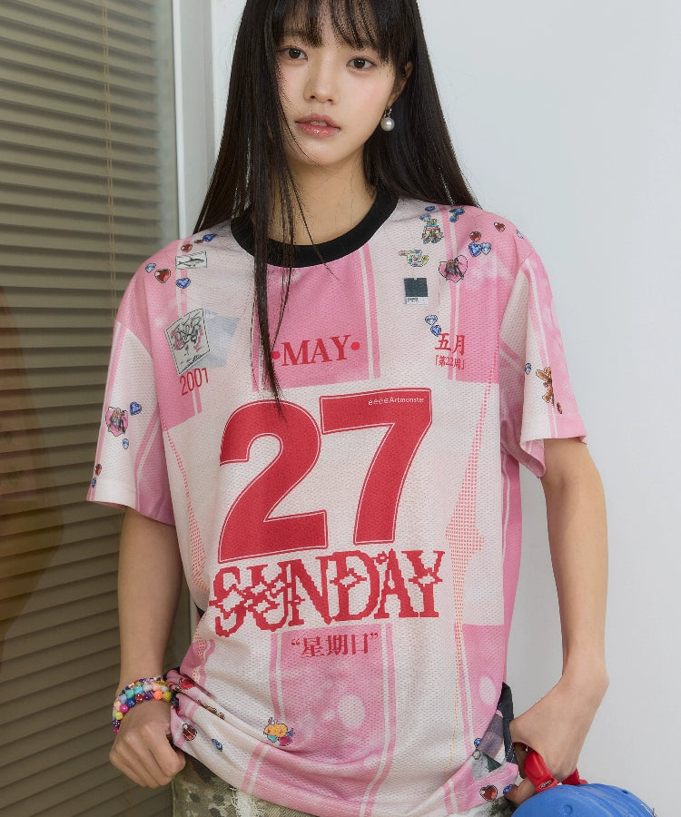 “纪念日”| eeee粉色日历条纹贴纸运动风球衣复古撞色短袖T恤夏