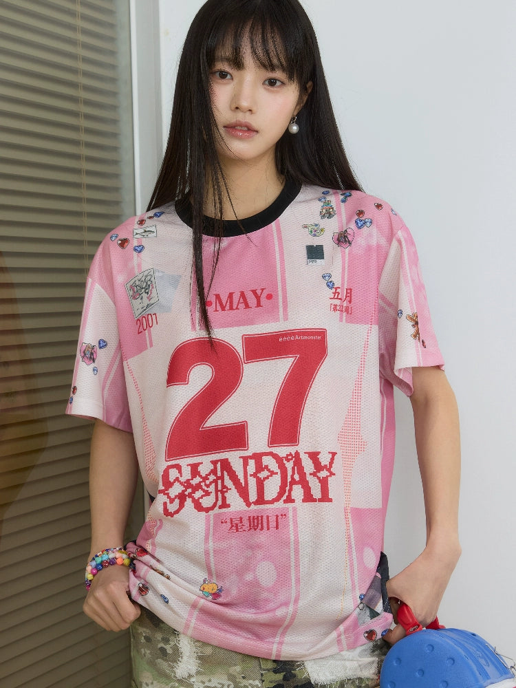 “纪念日”| eeee粉色日历条纹贴纸运动风球衣复古撞色短袖T恤夏
