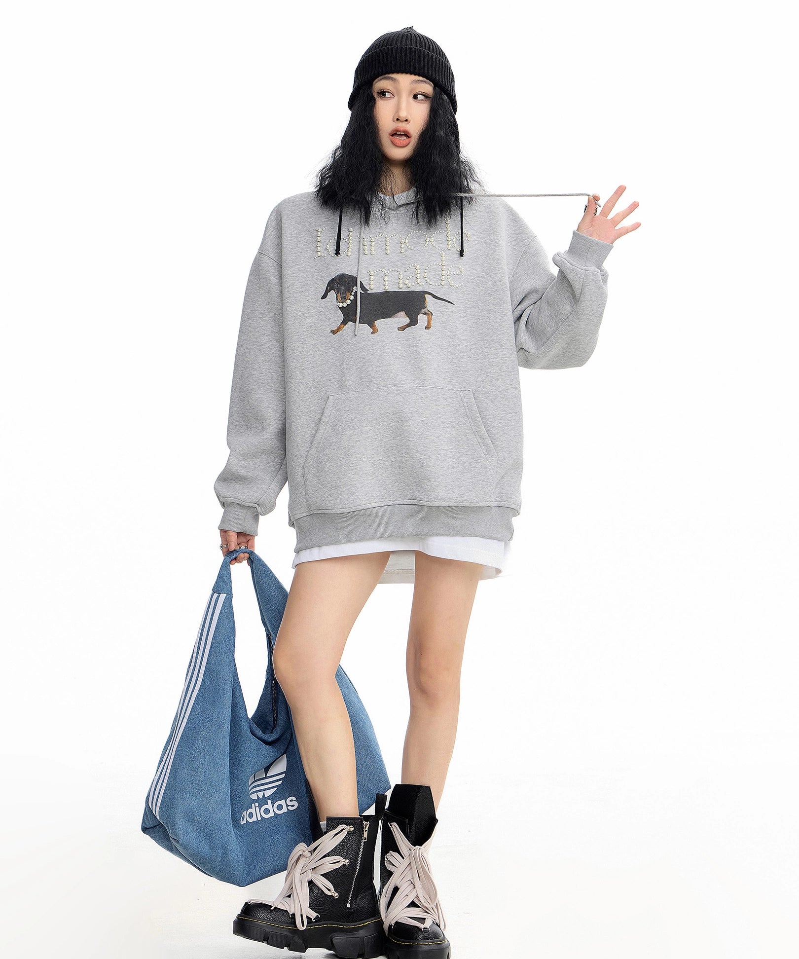 ICH MODE 美式复古珍珠连帽卫衣女秋冬新款宽松休闲百搭上衣外套