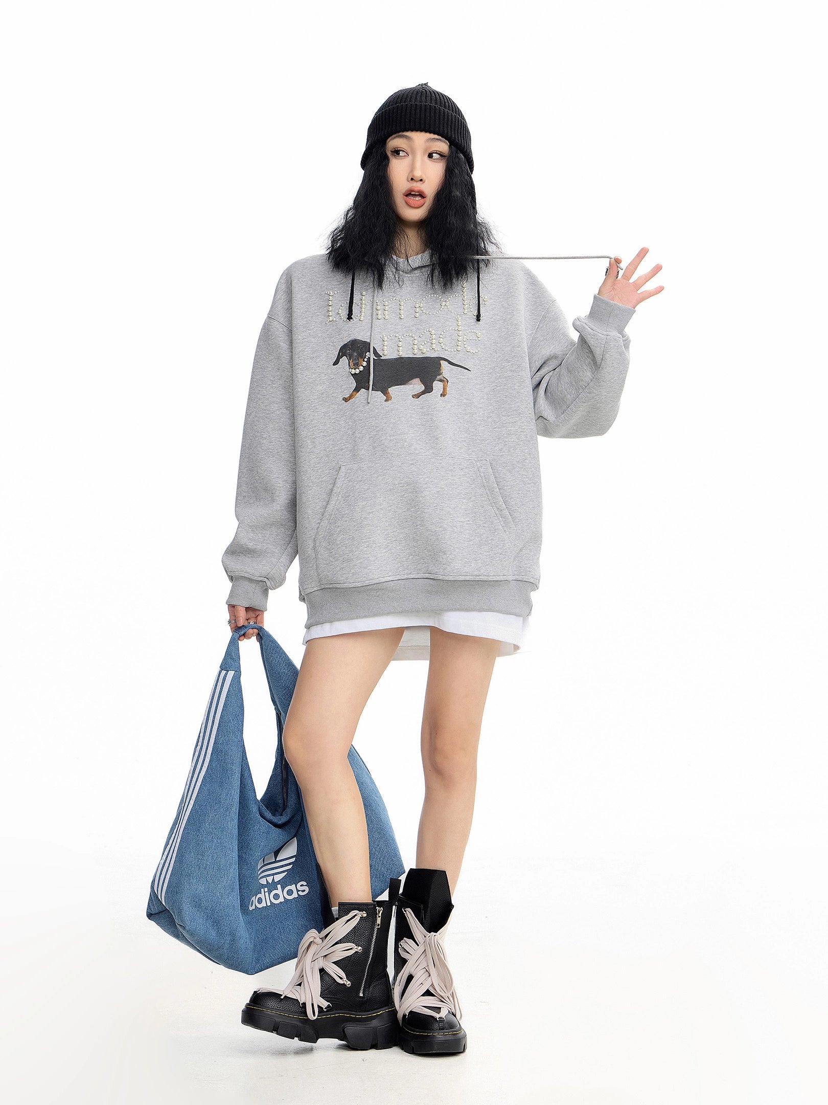 ICH MODE 美式复古珍珠连帽卫衣女秋冬新款宽松休闲百搭上衣外套