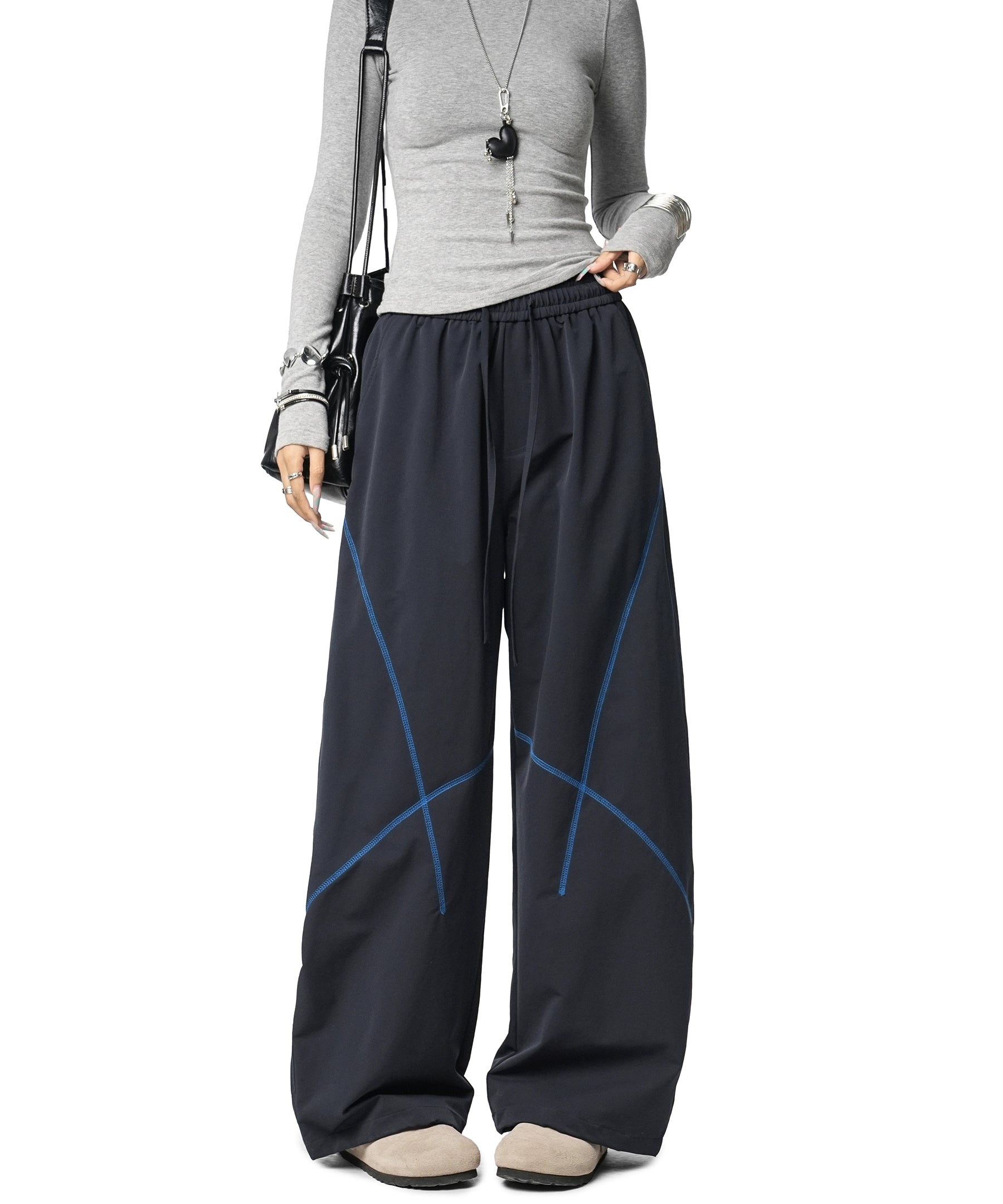 ICH MODE 美式复古户外哈苏线休闲裤女宽松弯刀裤阔腿直筒运动裤