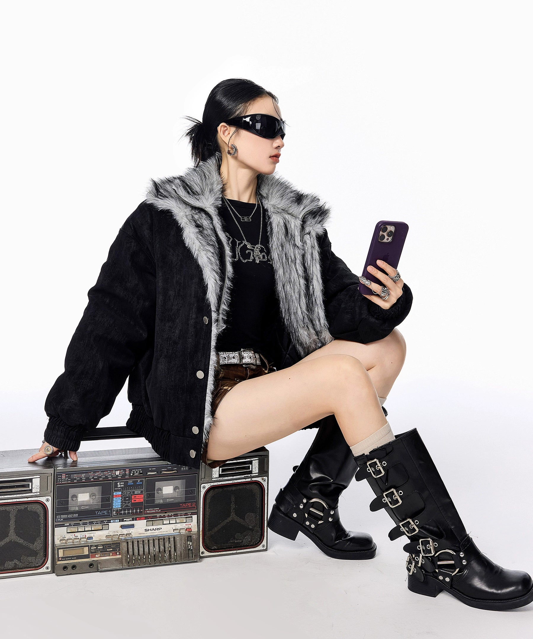 ICH MODE 美式复古座山雕假两件棉服女2025新款冬季保暖棉衣外套