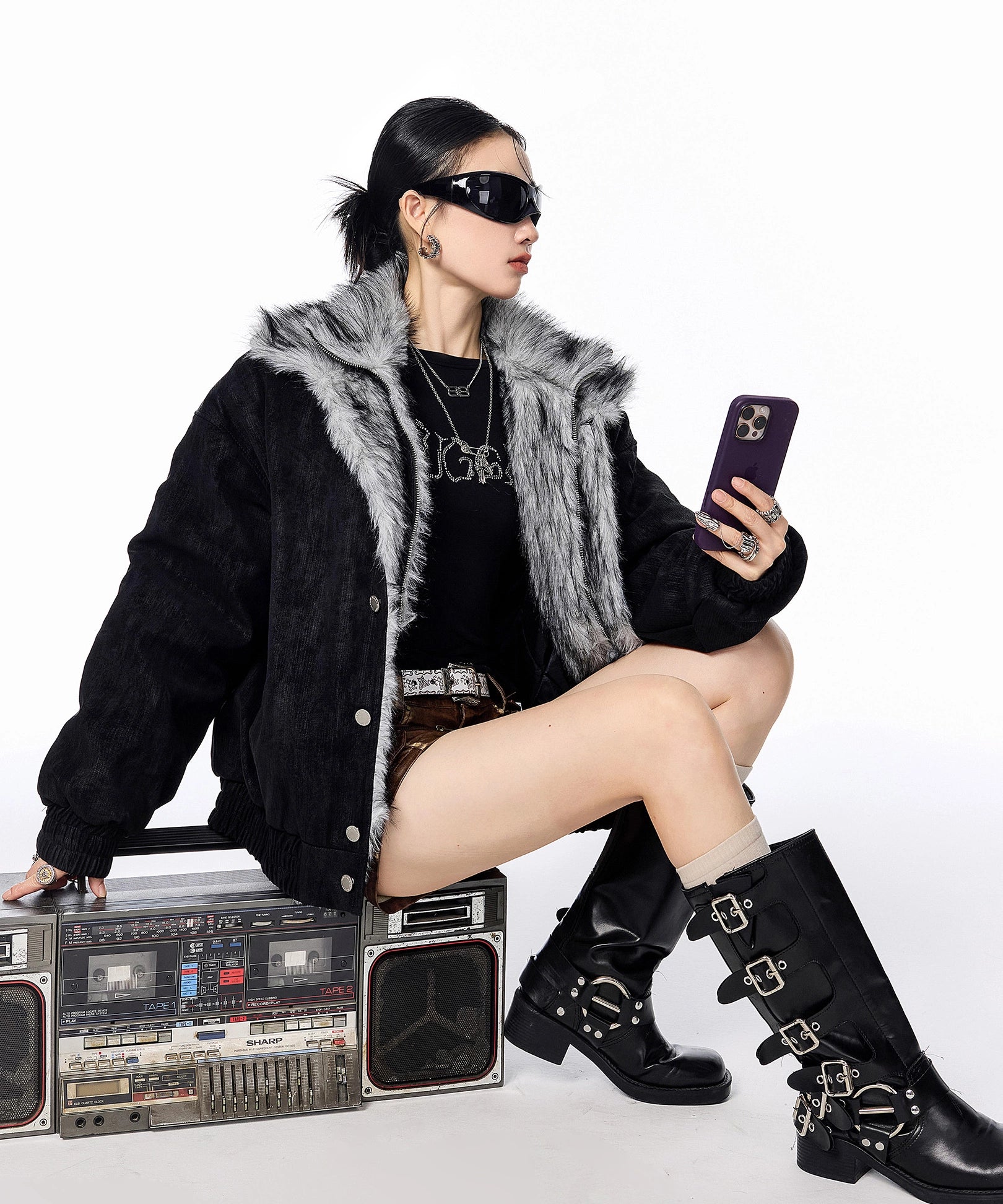 ICH MODE 美式复古座山雕假两件棉服女2025新款冬季保暖棉衣外套