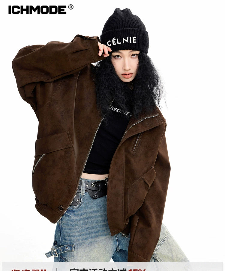 ICH MODE 美式复古工装立领短外套女秋冬新款飞行员夹克宽松上衣