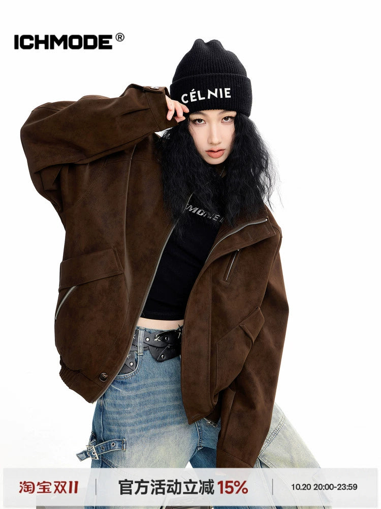 ICH MODE 美式复古工装立领短外套女秋冬新款飞行员夹克宽松上衣