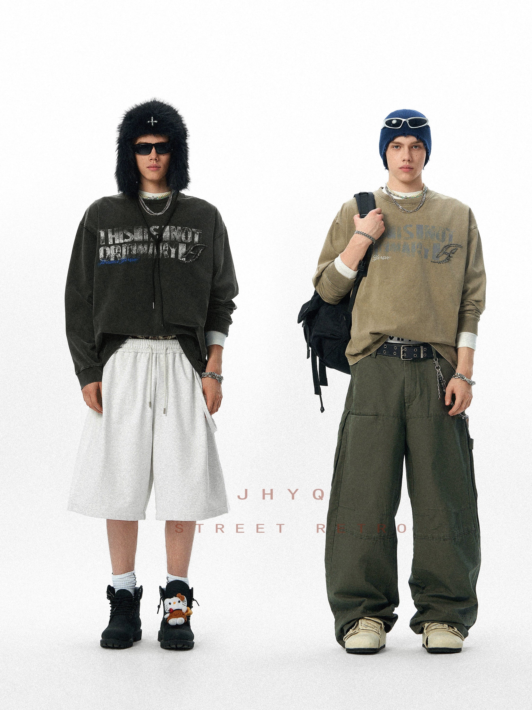 水洗系列丨JHYQ美式重磅320g长袖T恤男打钉宽松做旧字母印花卫衣