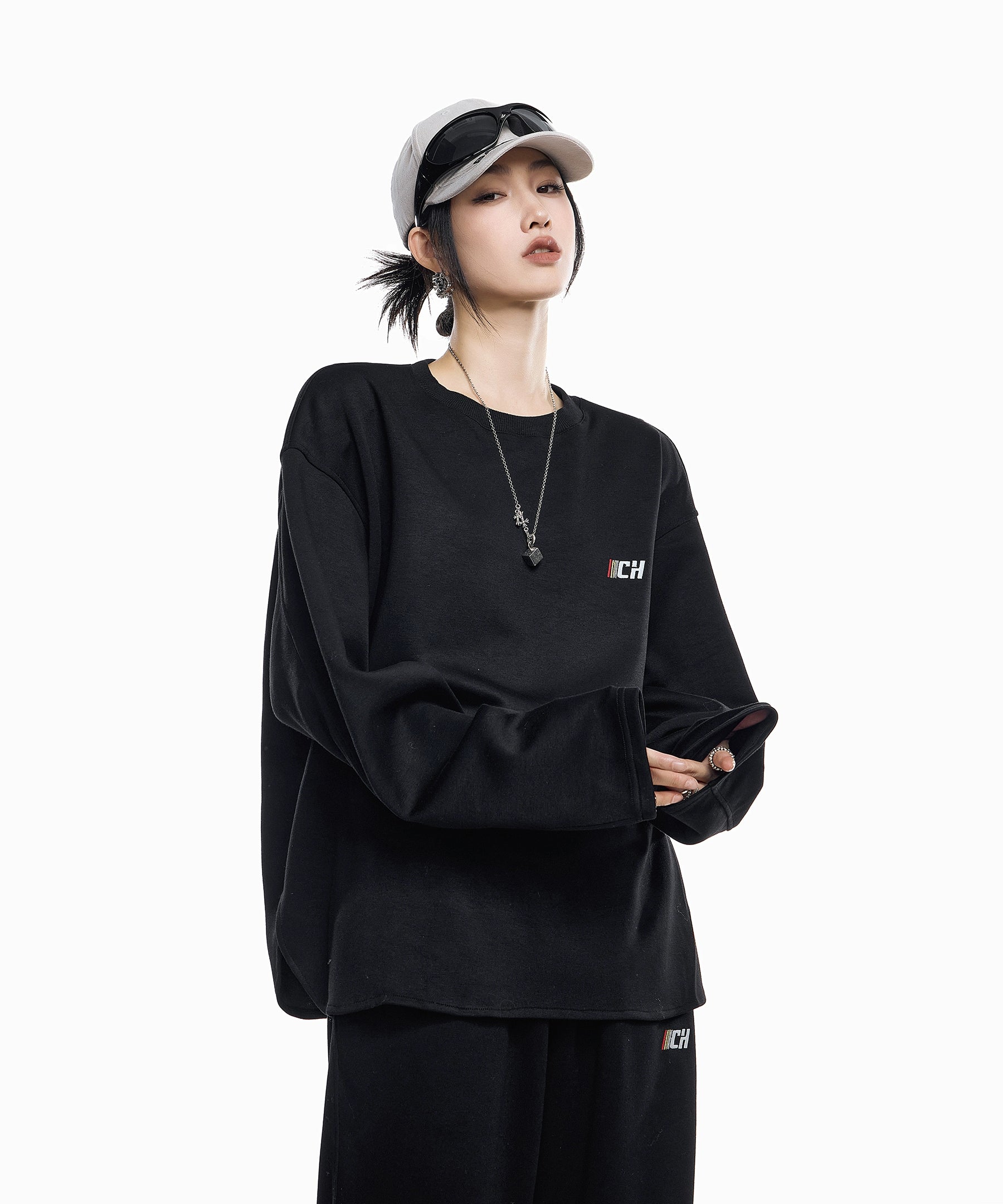 ICH MODE 美式刺绣灰色圆领卫衣女2025新款秋冬复古宽松套头上衣