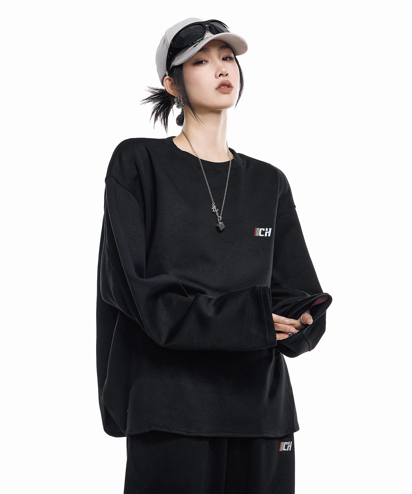 ICH MODE 美式刺绣灰色圆领卫衣女2025新款秋冬复古宽松套头上衣