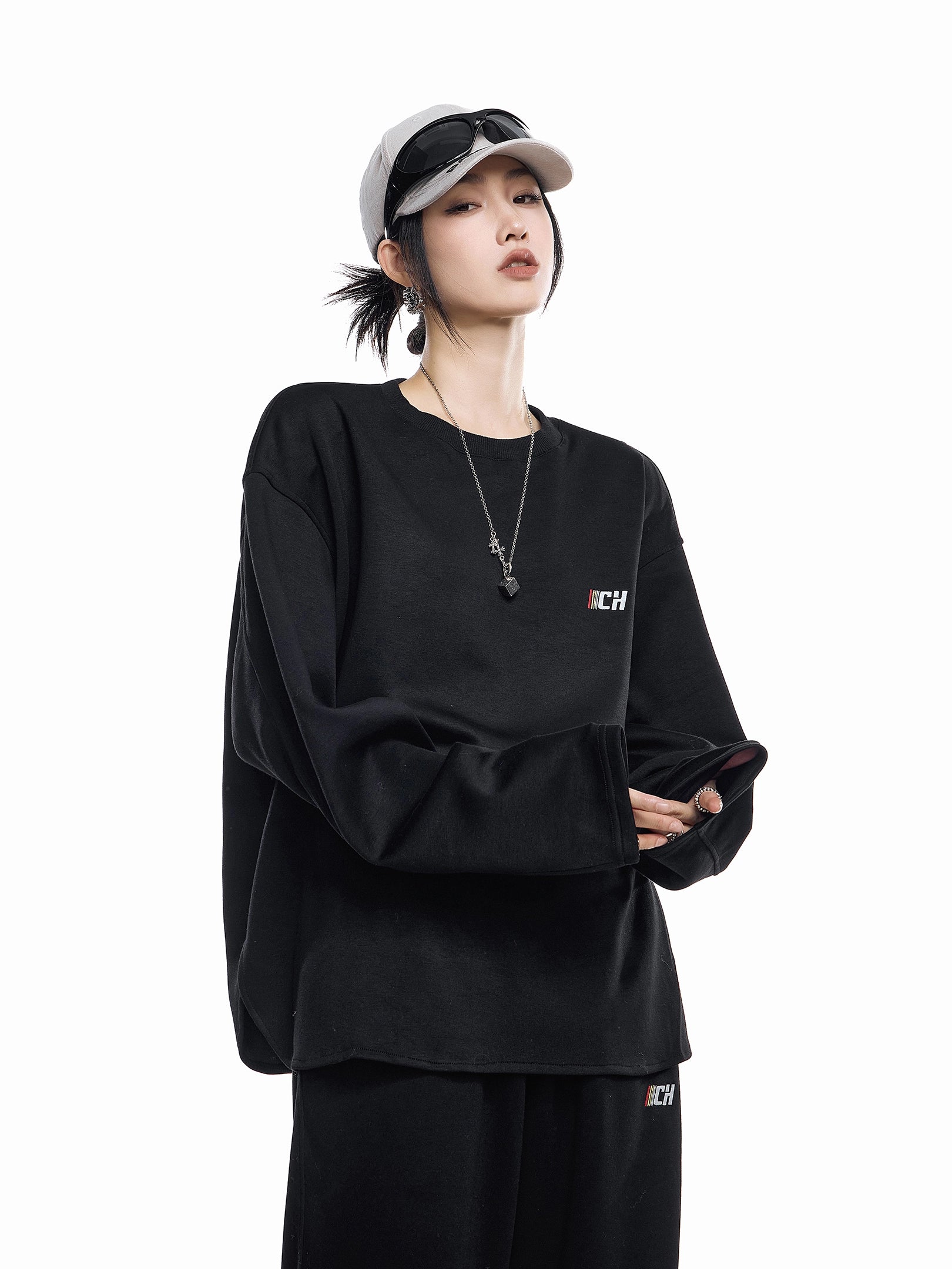 ICH MODE 美式刺绣灰色圆领卫衣女2025新款秋冬复古宽松套头上衣