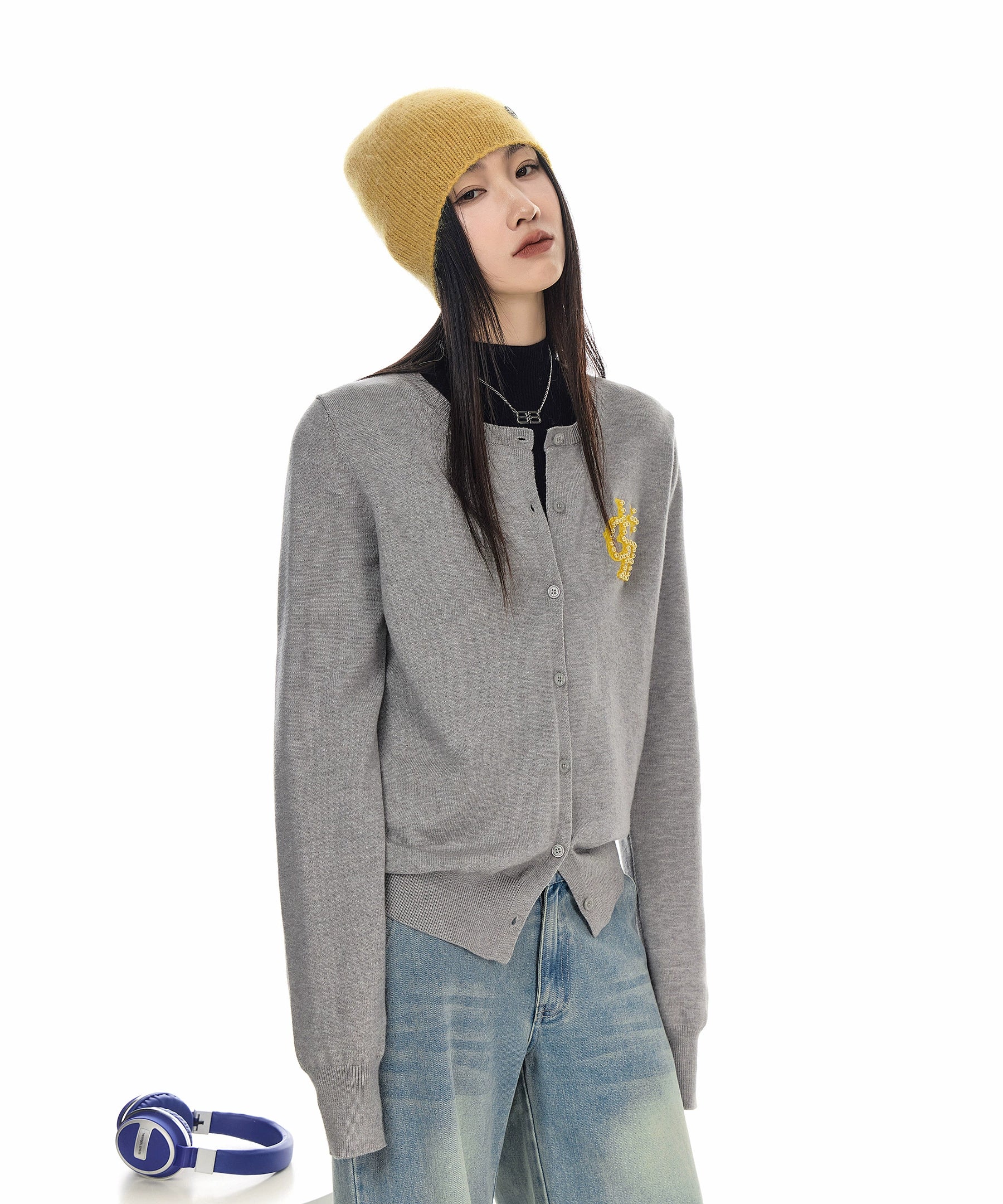 ICH MODE 美式复古珍珠针织开衫女秋冬季氛围感外搭休闲毛衣外套