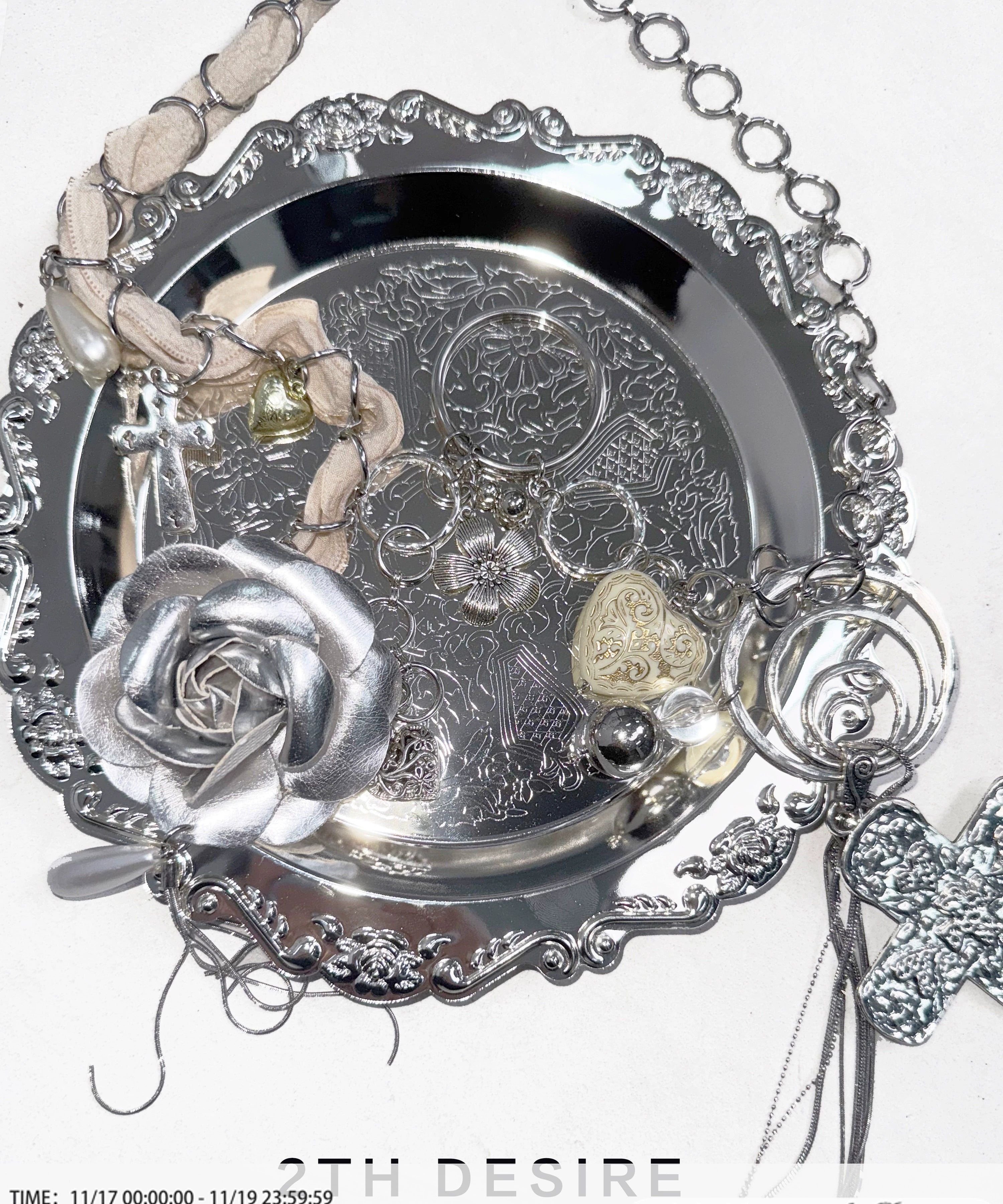 2th Desire重工银环拼接朋克金属十字架花朵腰链项链