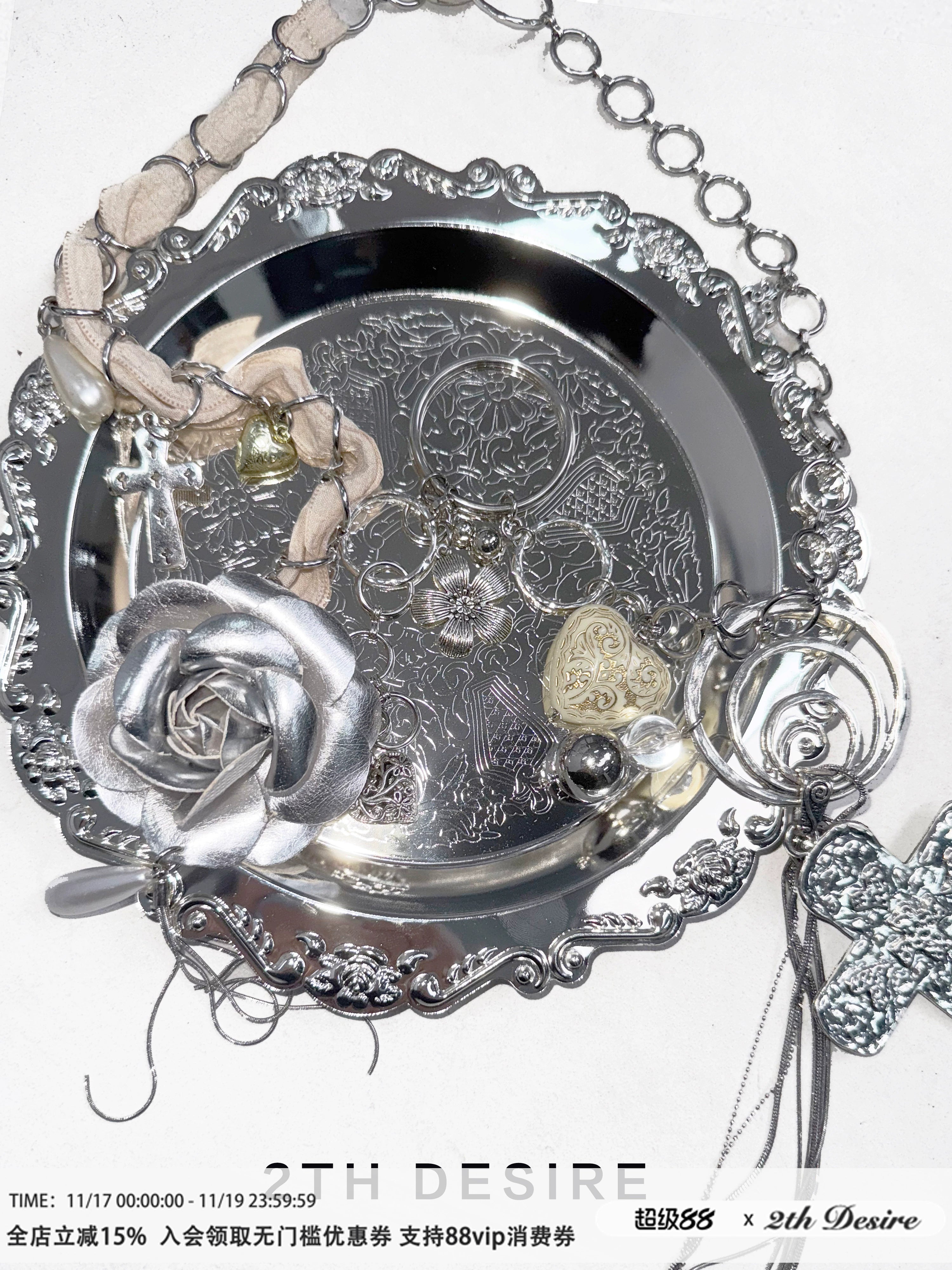 2th Desire重工银环拼接朋克金属十字架花朵腰链项链