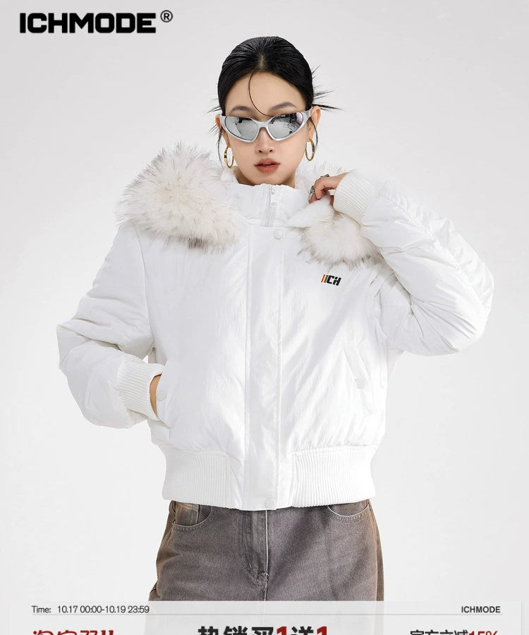 ICH MODE 美式复古毛领连帽立领棉服女秋冬季防寒棉衣修身短外套