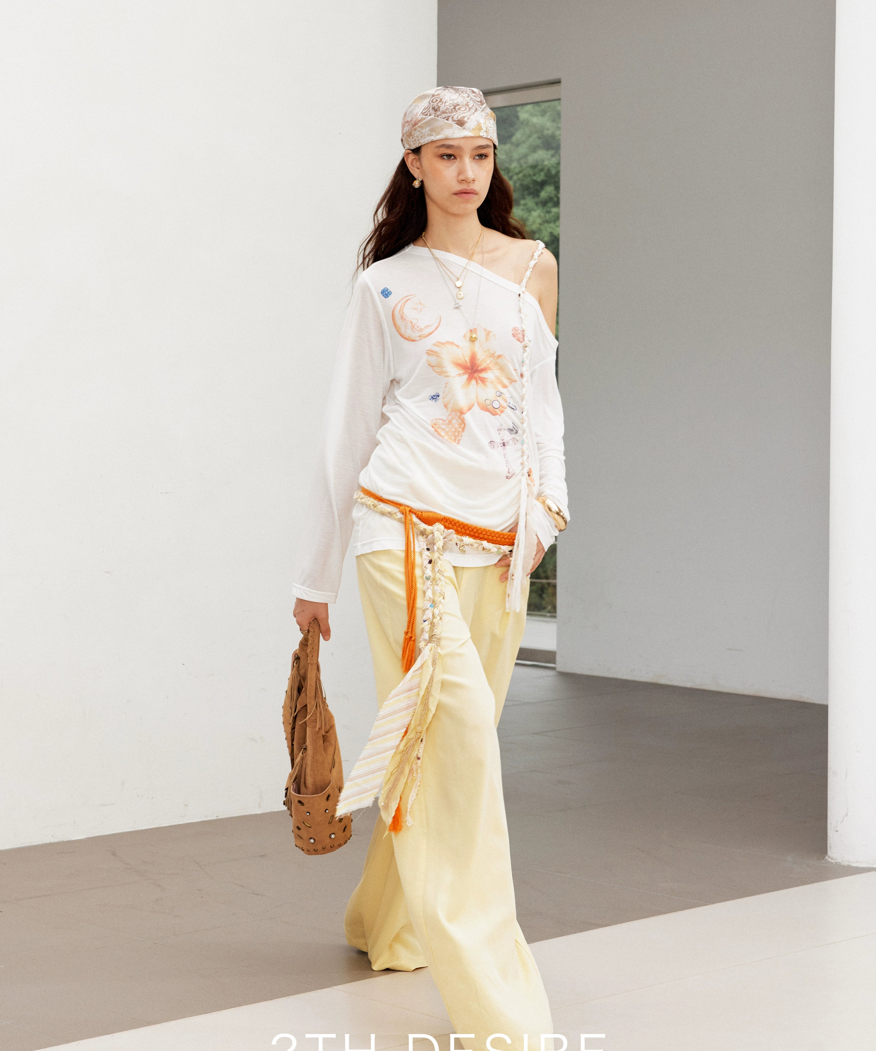 2th Desire复古手工编织亚麻腰带撞色条纹串珠彩色石头流浪感腰绳