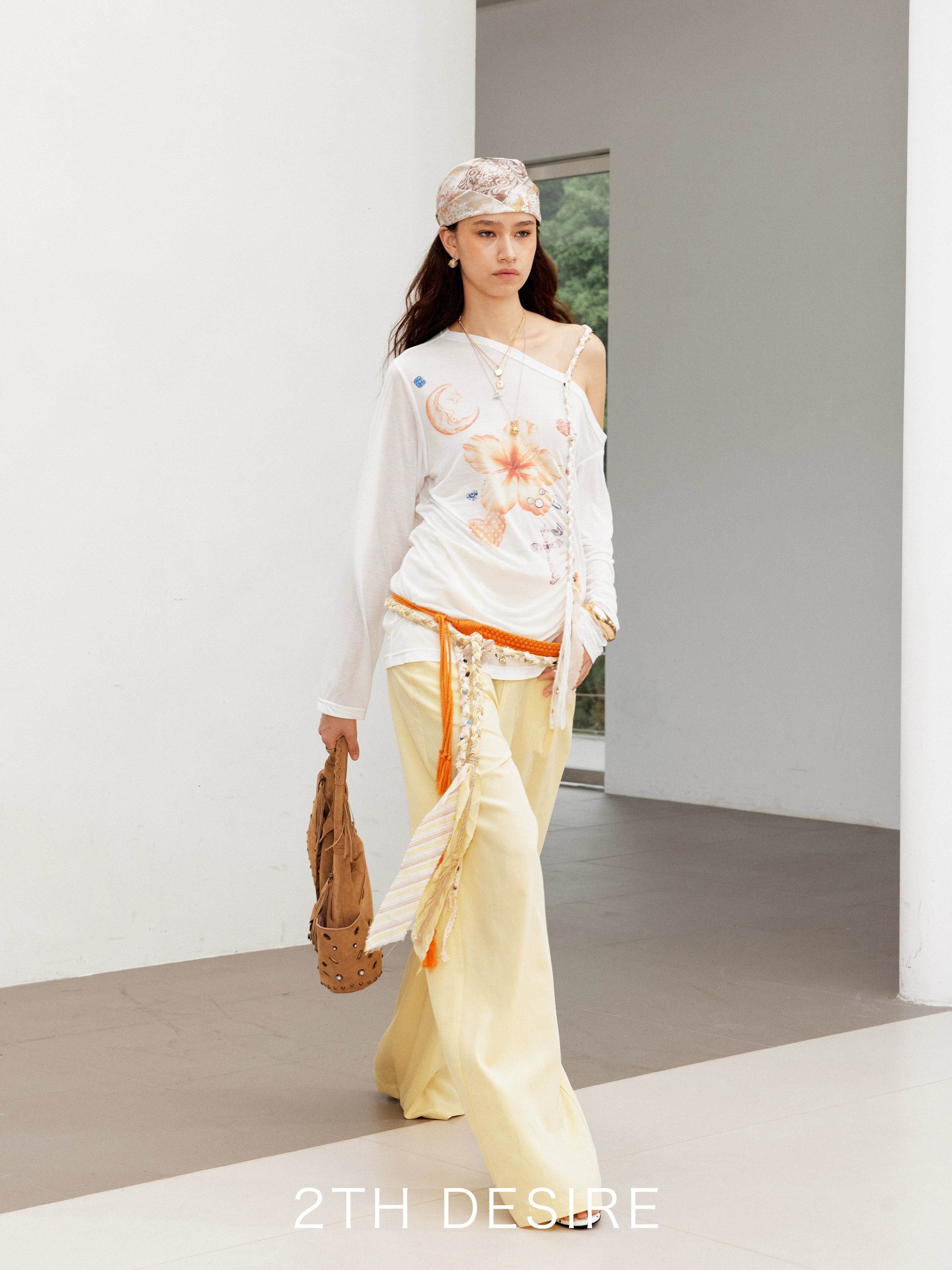 2th Desire复古手工编织亚麻腰带撞色条纹串珠彩色石头流浪感腰绳