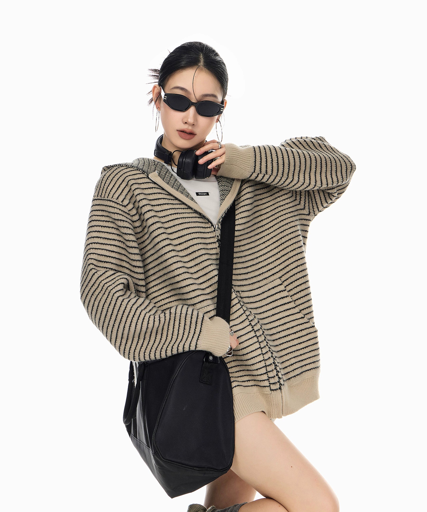 ICH MODE 美式复古条纹连帽毛针织开衫女秋冬季外搭宽松毛衣外套