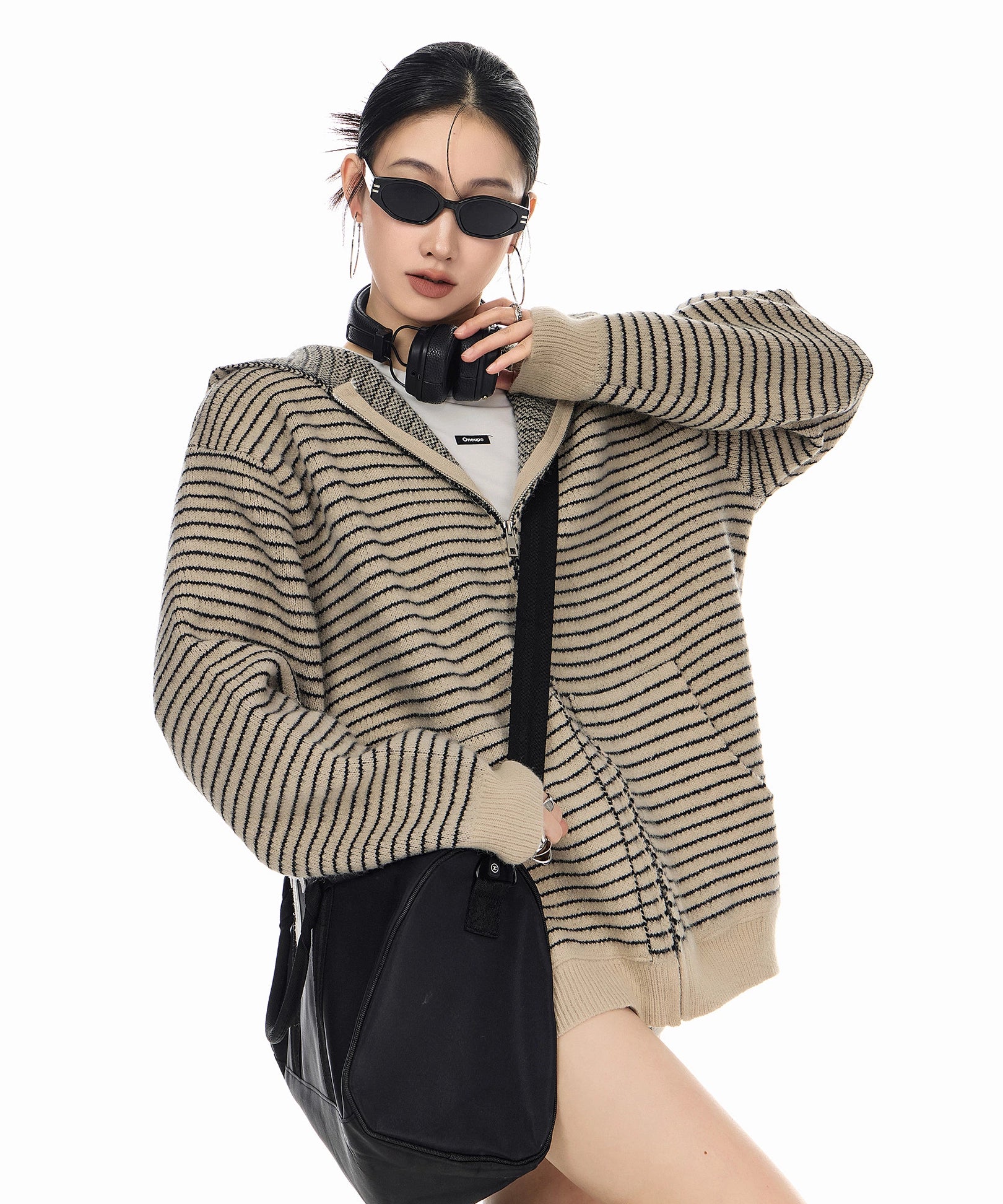 ICH MODE 美式复古条纹连帽毛针织开衫女秋冬季外搭宽松毛衣外套