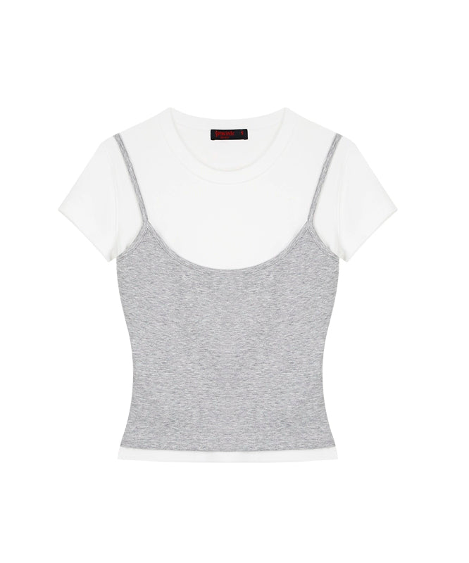 野生zero 撞色正肩短袖t恤女夏辣妹设计感显瘦修身短款假两件上衣