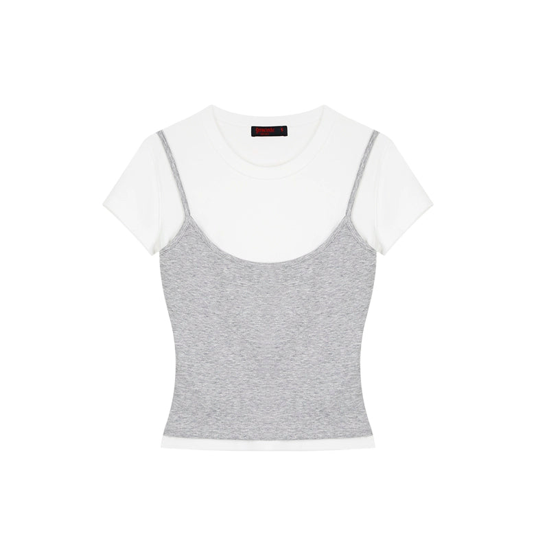 野生zero 撞色正肩短袖t恤女夏辣妹设计感显瘦修身短款假两件上衣