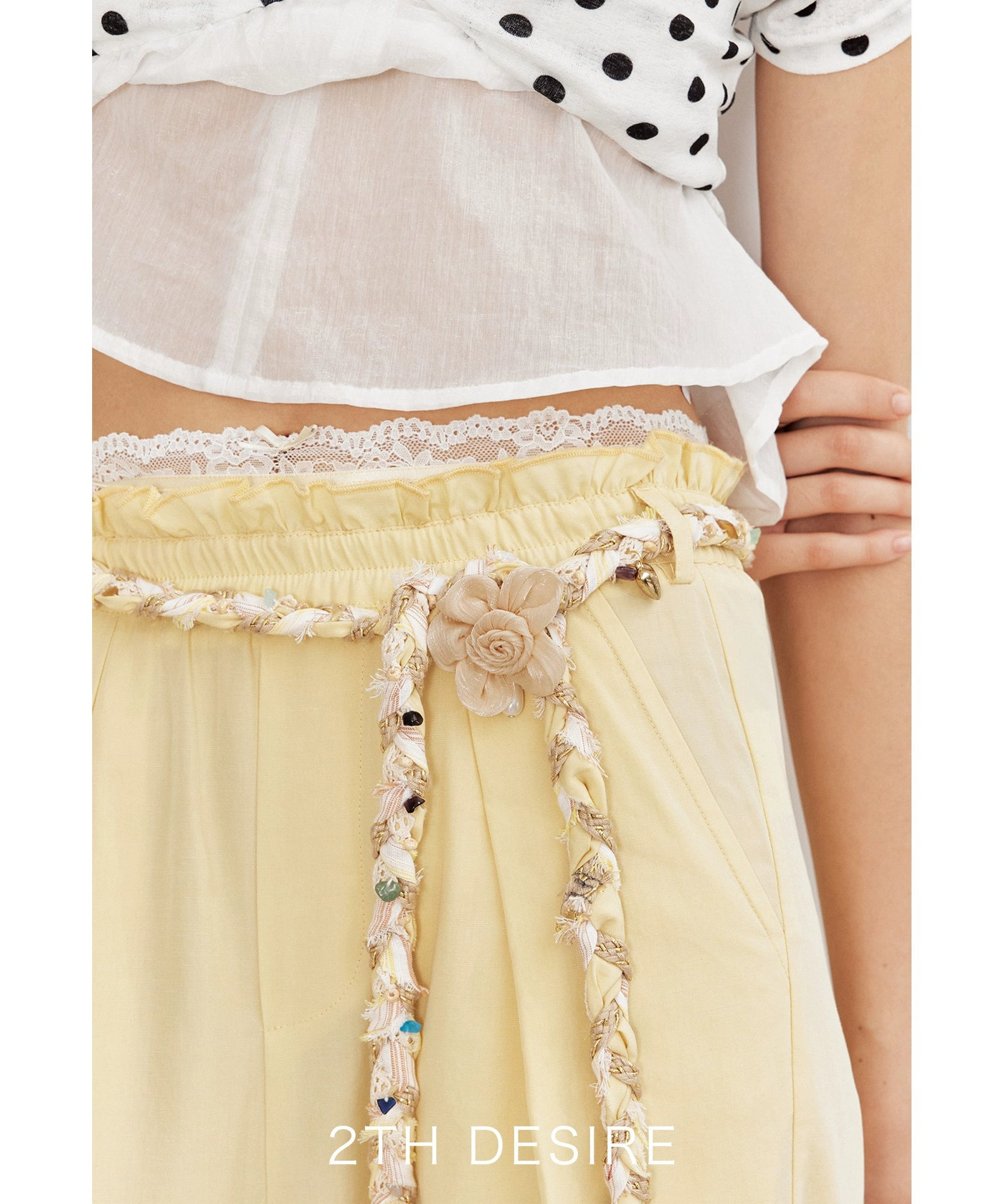 2th Desire复古手工编织亚麻腰带撞色条纹串珠彩色石头流浪感腰绳