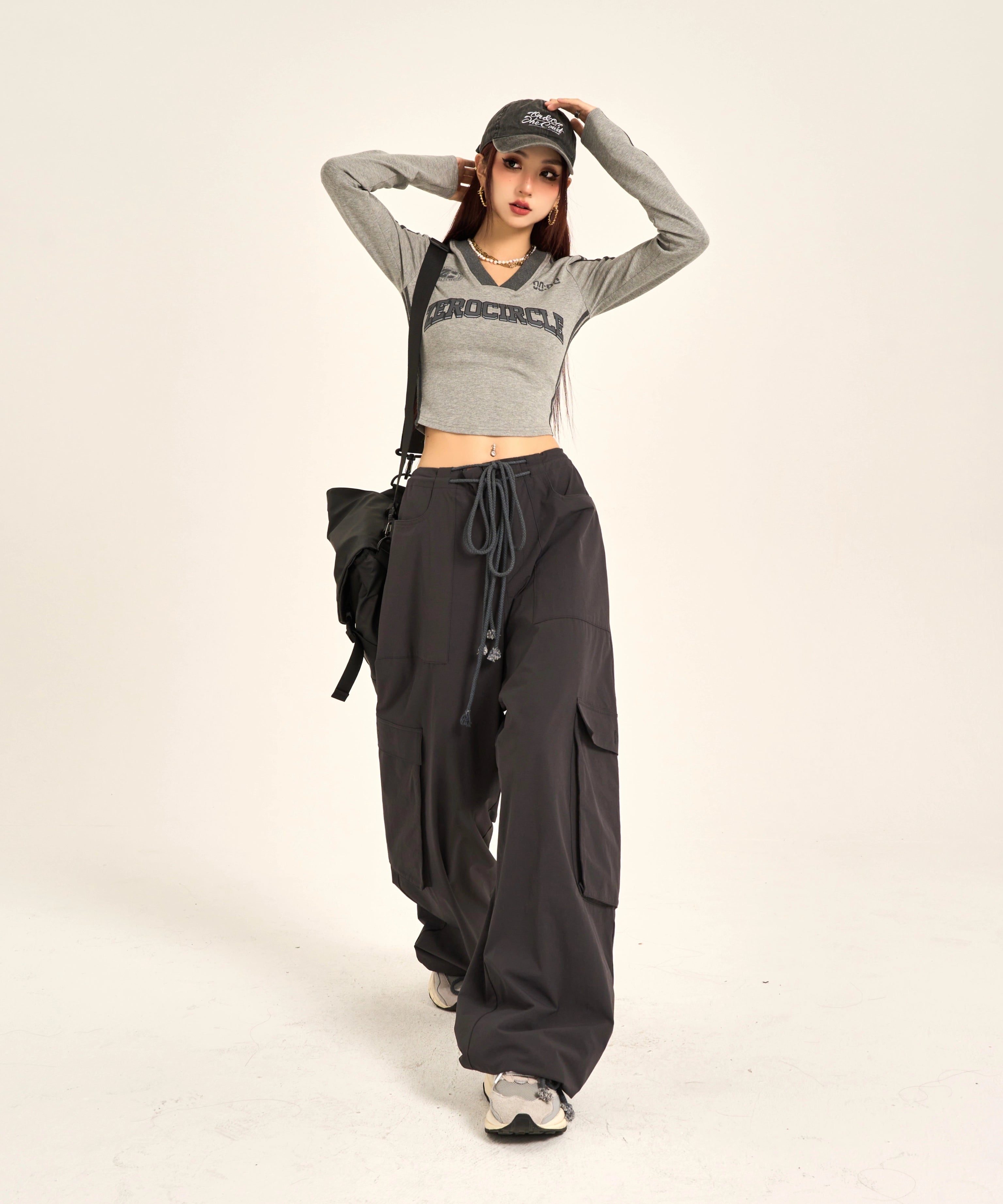 野生zerocircle灰黑色v领长袖t恤女春夏美式复古修身显瘦短款上衣