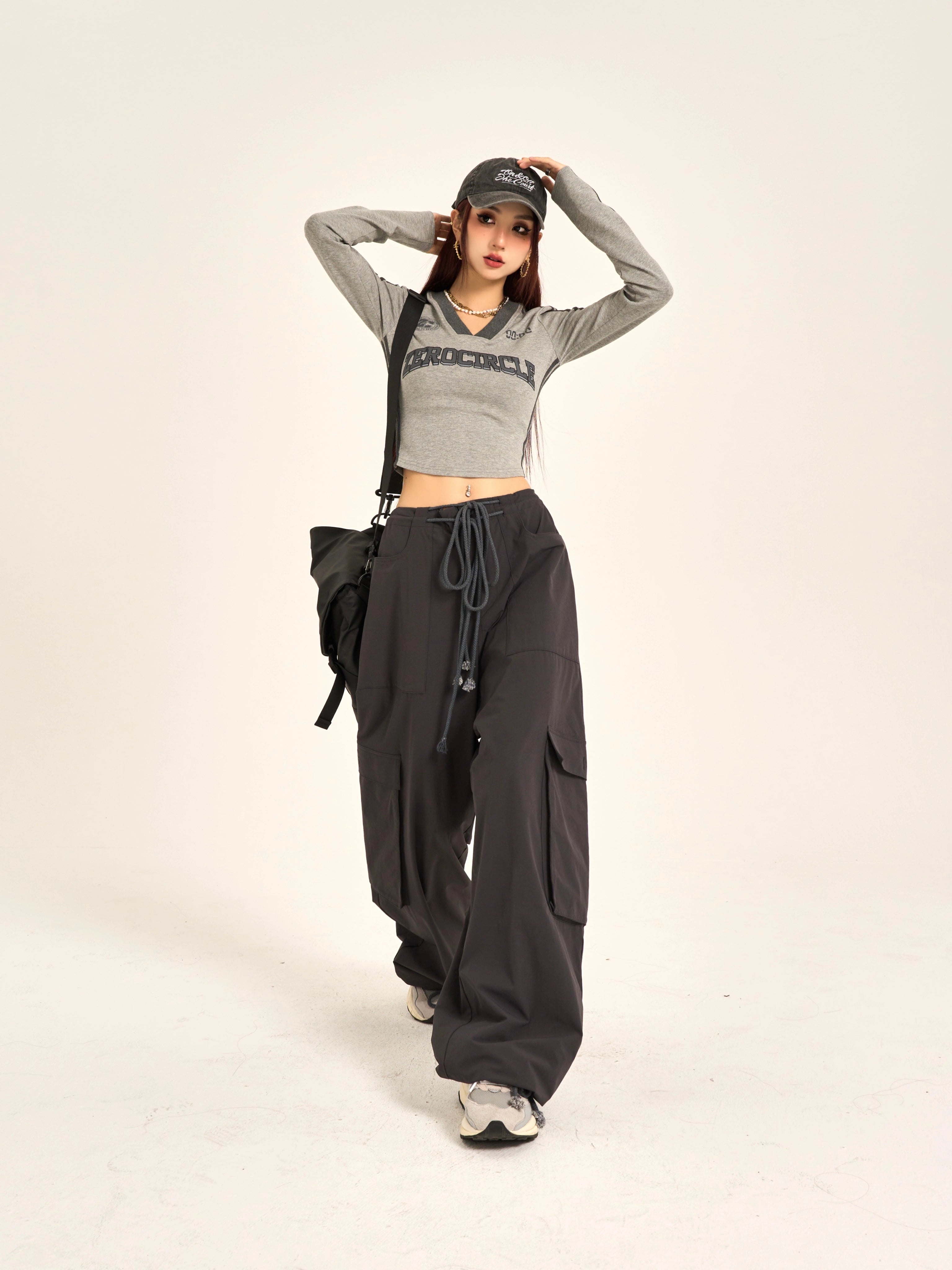 野生zerocircle灰黑色v领长袖t恤女春夏美式复古修身显瘦短款上衣