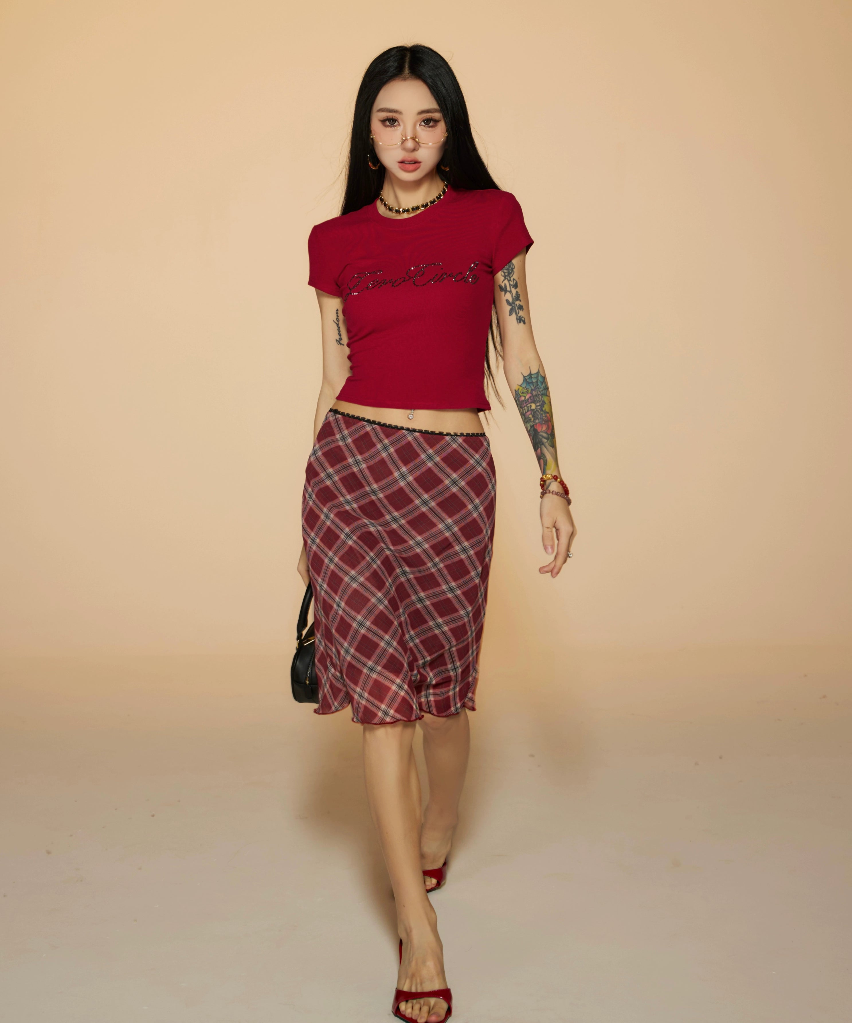 野生zerocircle 红色格子中长款半身裙女春夏a字显瘦低腰雪纺裙子