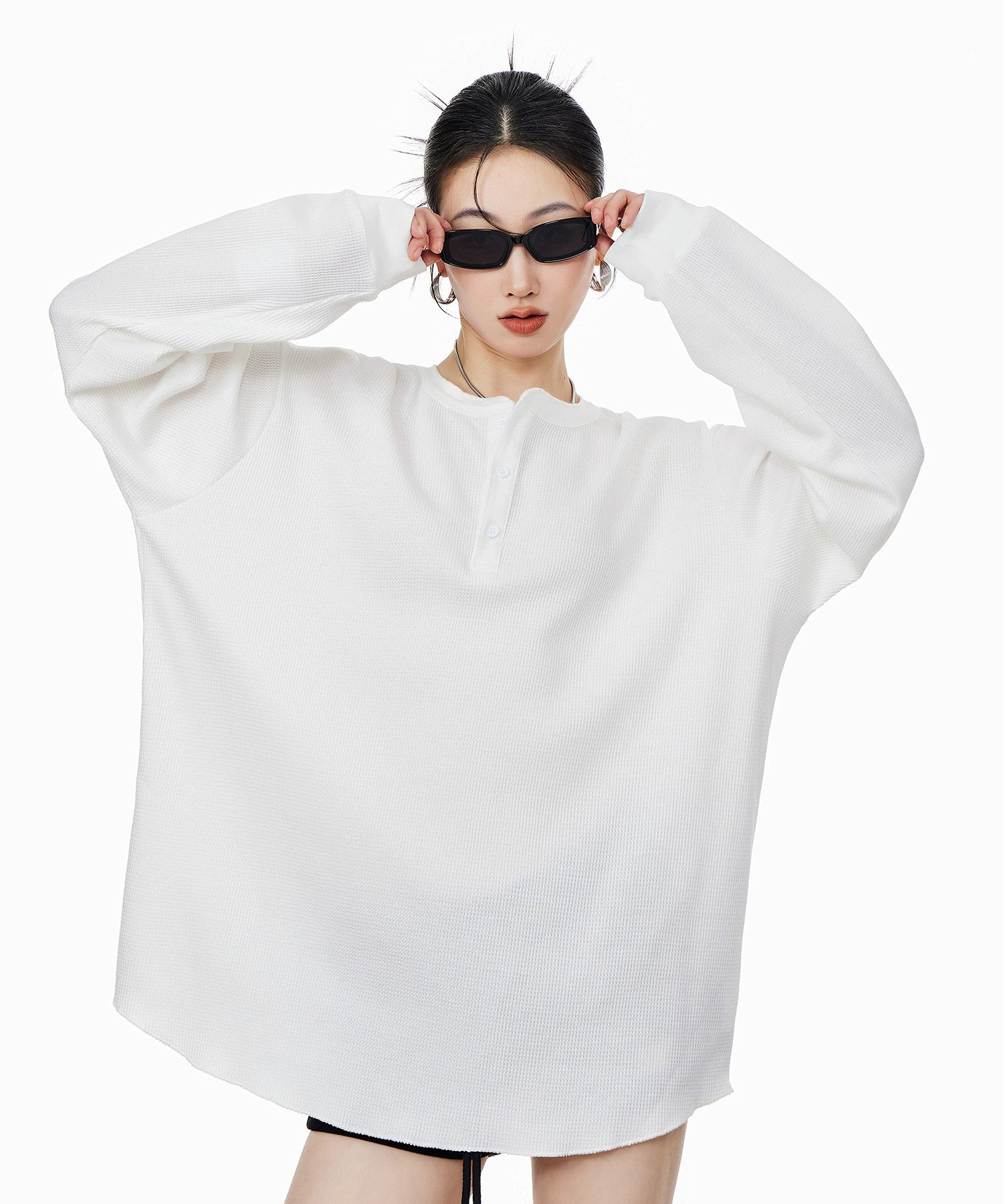 ICH MODE 美式亨利领长袖T恤女2025年夏季新款华夫格宽松休闲罩衫