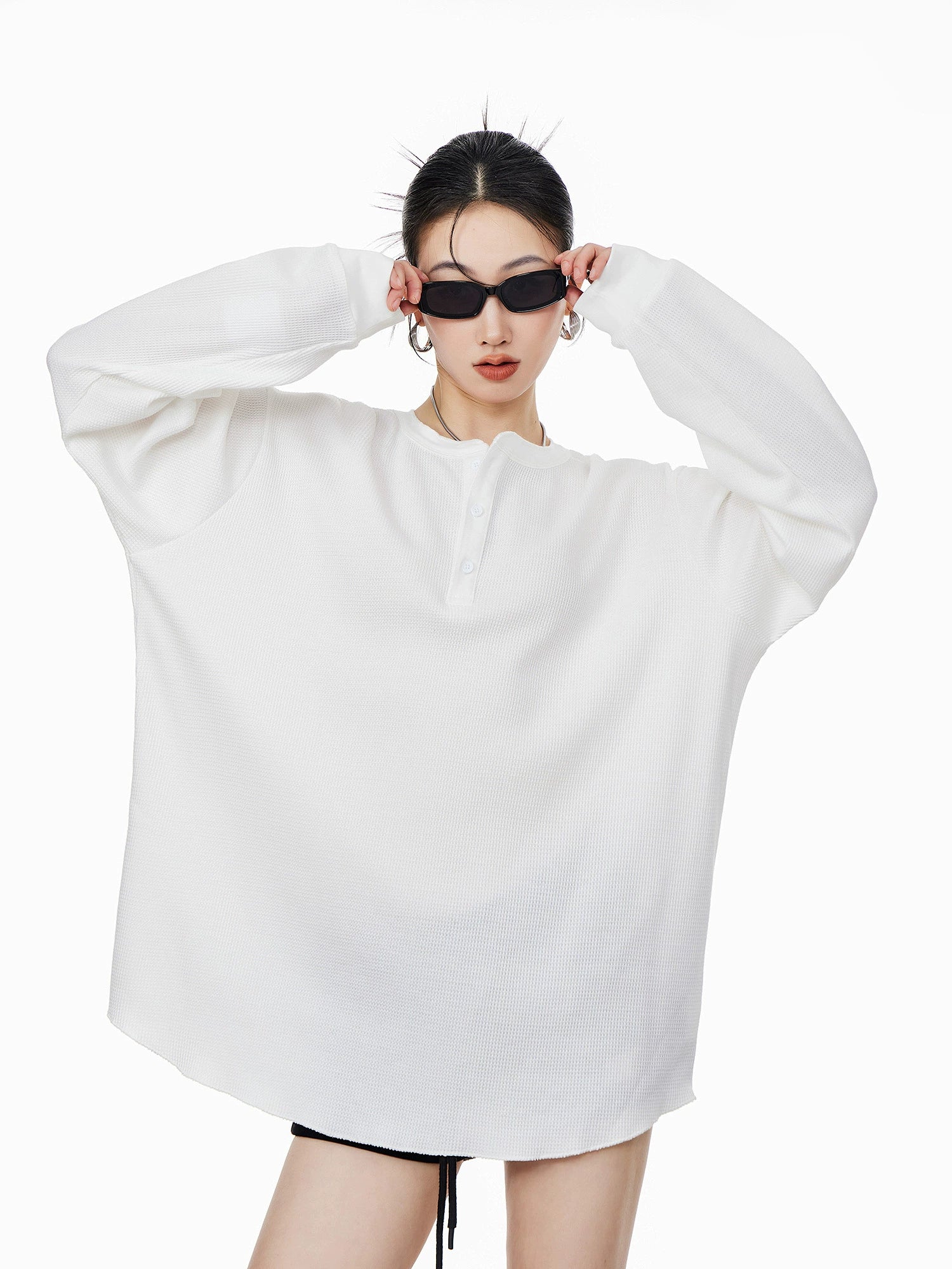 ICH MODE 美式亨利领长袖T恤女2025年夏季新款华夫格宽松休闲罩衫