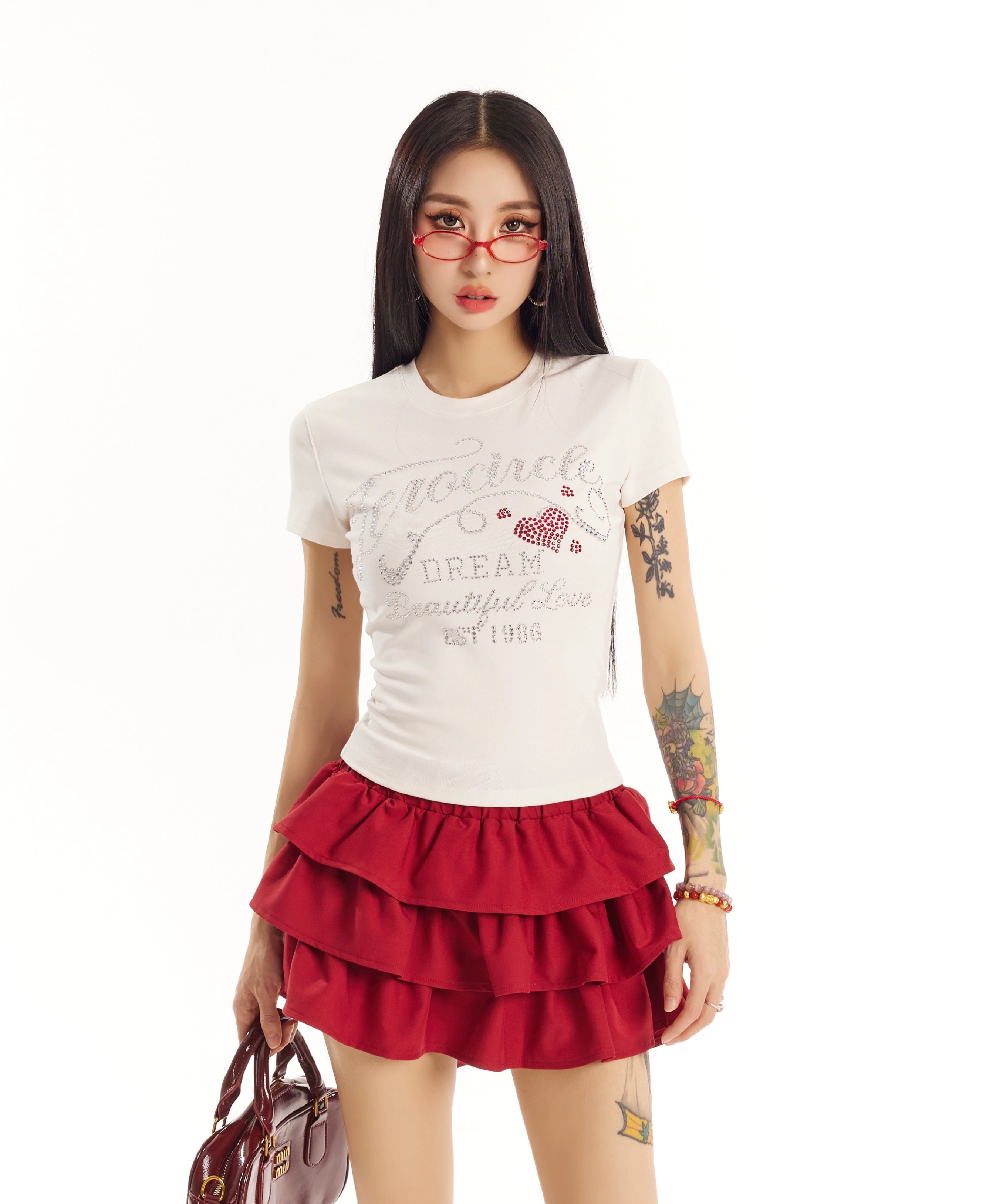 野生zero 白黑灰色正肩烫钻短袖t恤女夏季辣妹设计感修身显瘦上衣