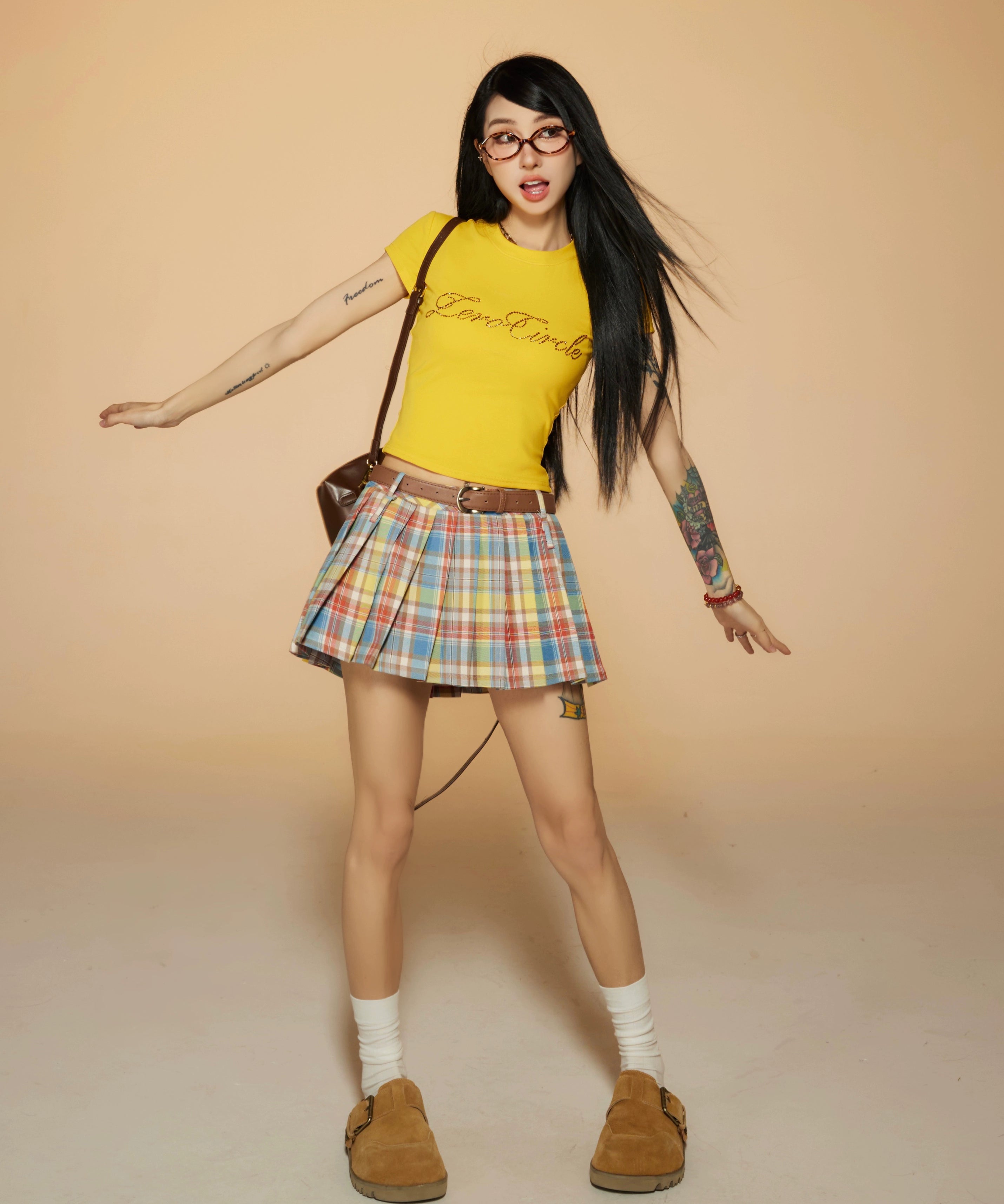 野生zerocircle 彩色格子半身百褶裙女春季辣妹小众a字显瘦短裙子