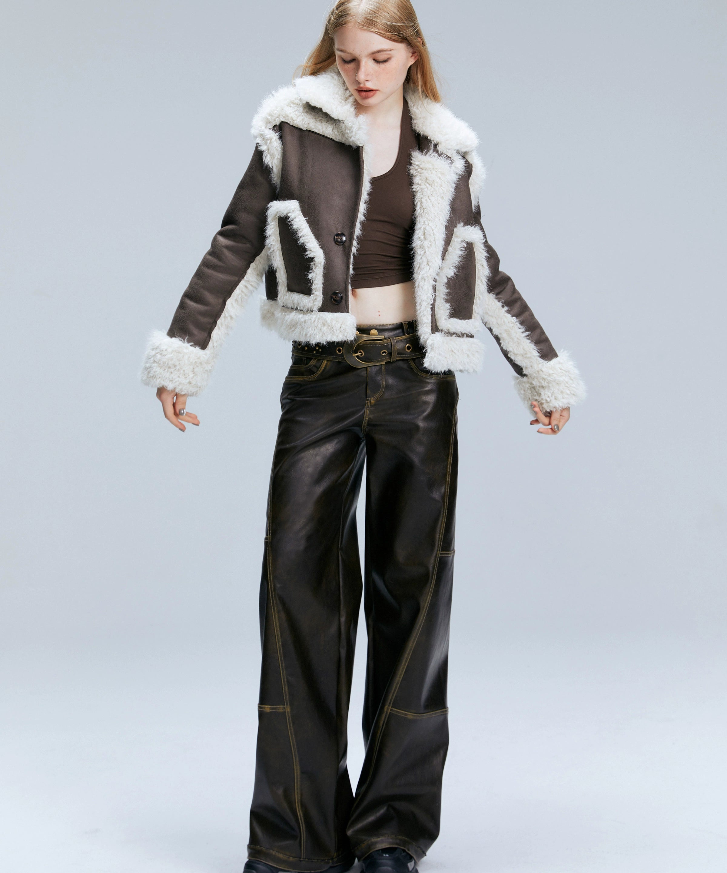 2th Desire原创复古棕色宽松百搭直筒裤子美式长裤低腰pu皮裤女