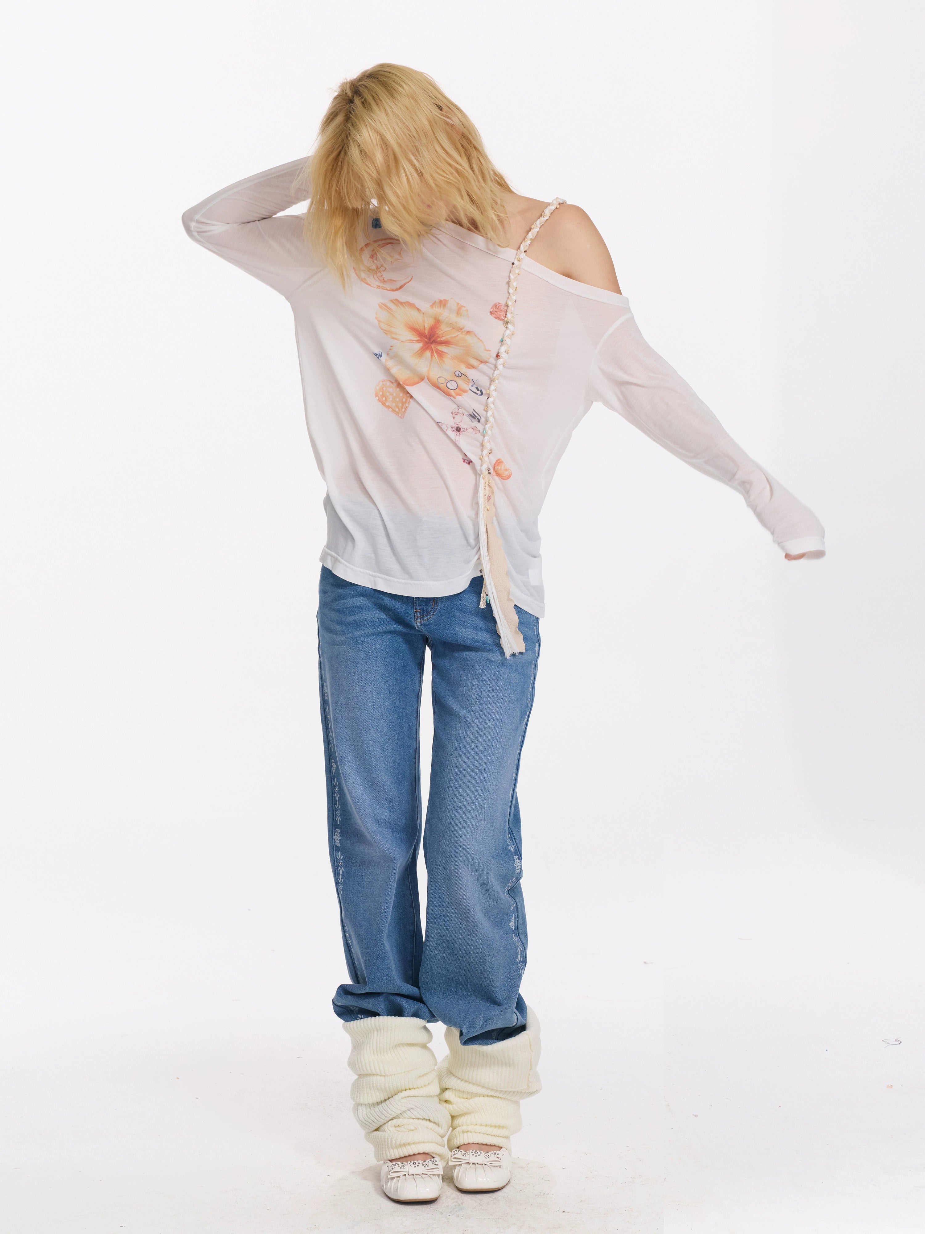 2th Desire 扶桑花多元素印花编织肩带斜肩亲肤宽松防晒长袖T恤女