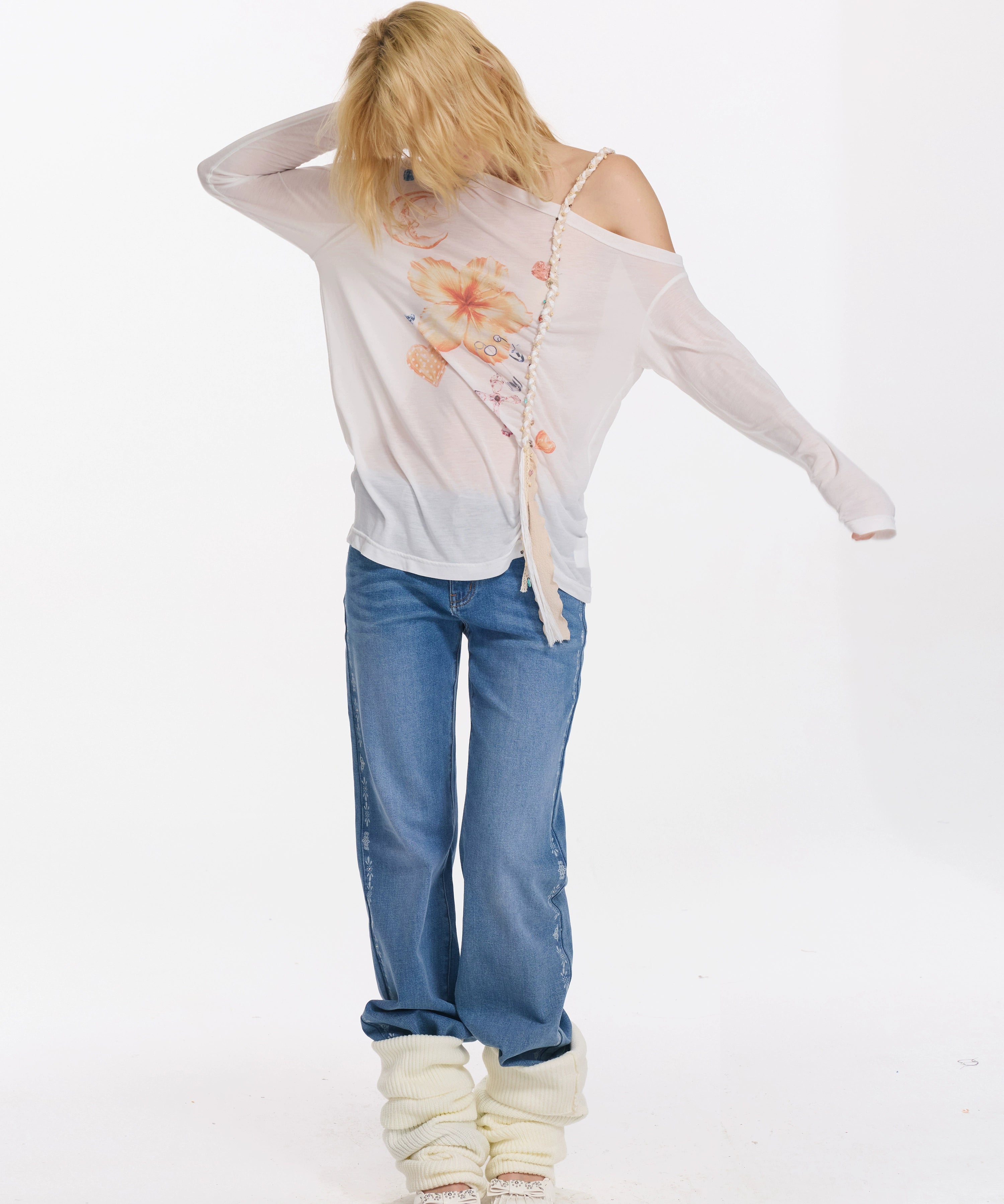 2th Desire 扶桑花多元素印花编织肩带斜肩亲肤宽松防晒长袖T恤女