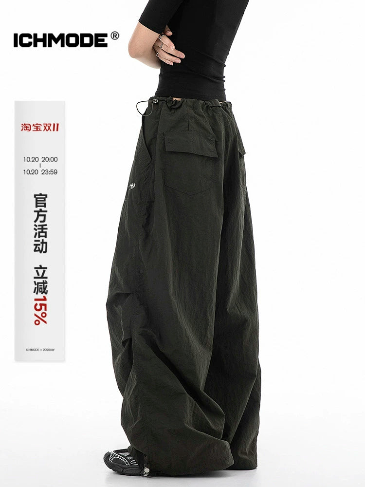 ICH MODE 美式伞兵工装裤女夏季抽绳运动裤直筒宽松阔腿裤休闲裤