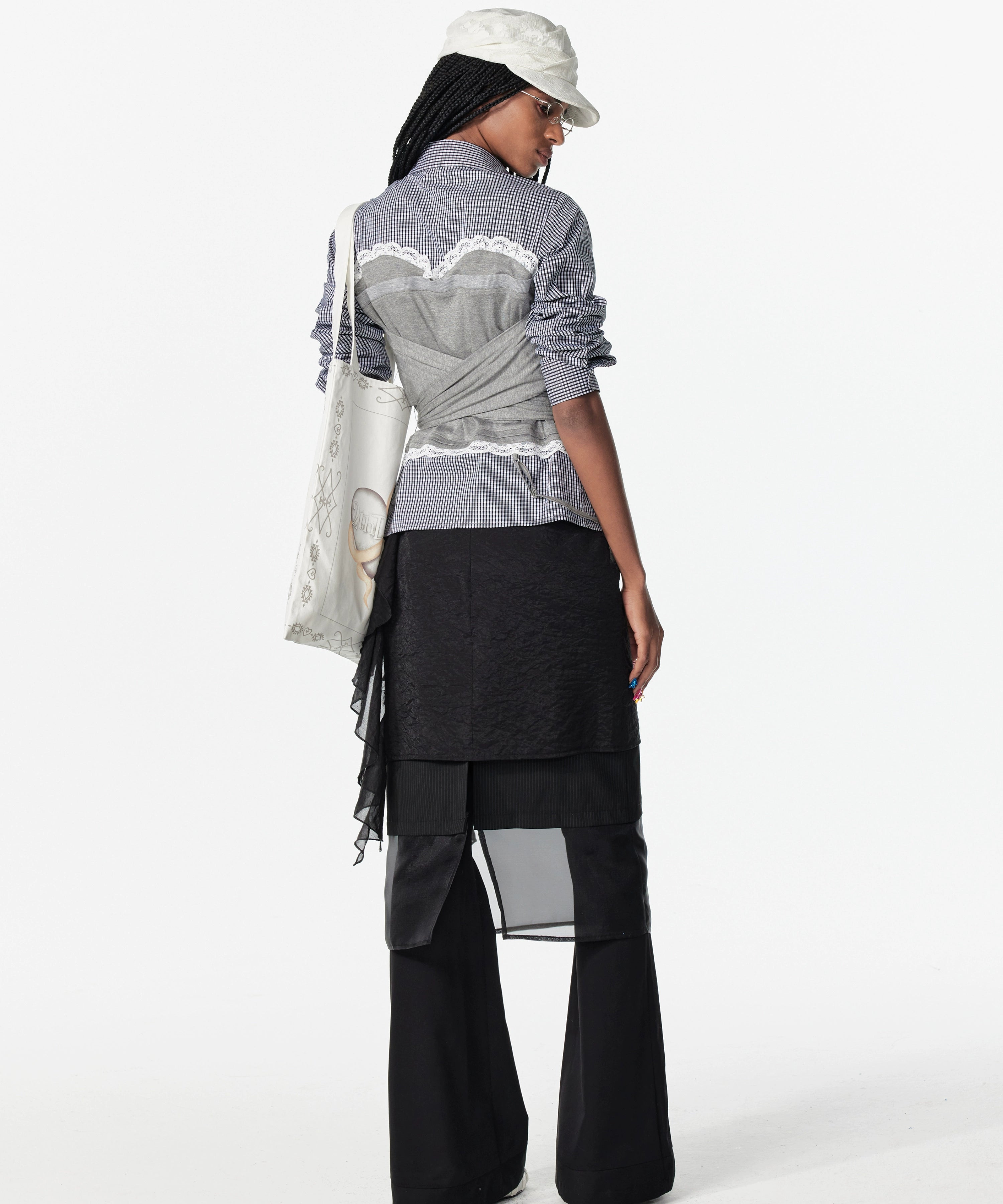 2th Desire美式复古蕾丝格纹拼接高智感两穿针织绑带条纹长袖衬衫