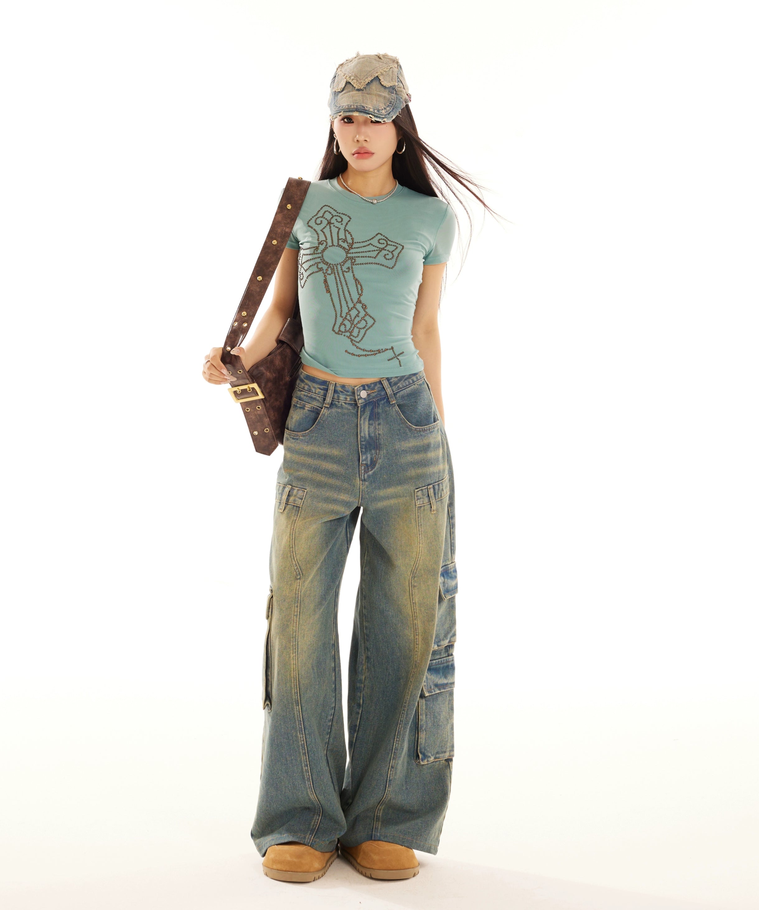 野生zerocircle 绿色烫钻正肩短袖t恤女春夏修身短款薄款网纱上衣