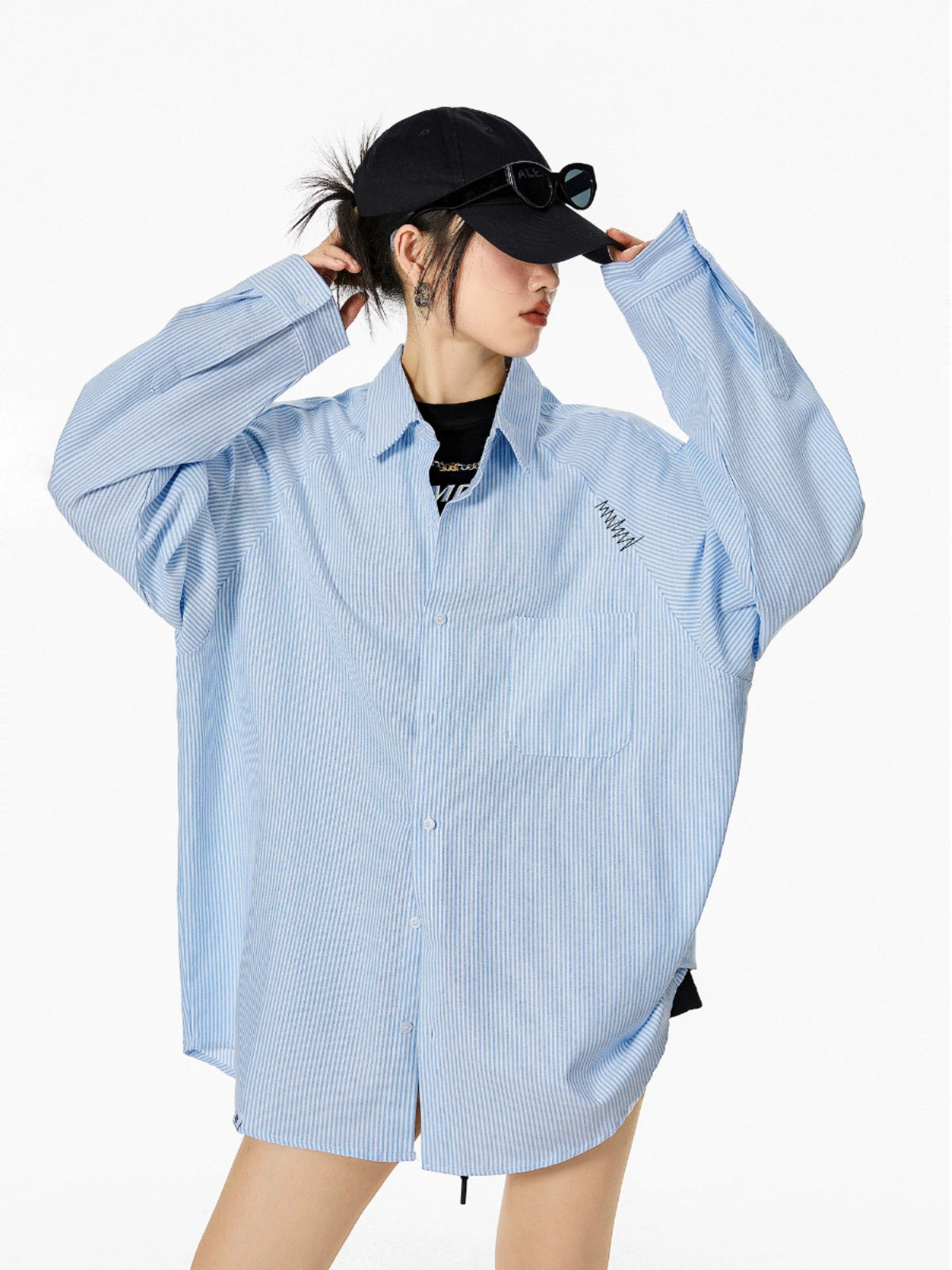 ICH MODE 美式复古条纹蓝色衬衫女秋2025新款宽松衬衣外套上衣