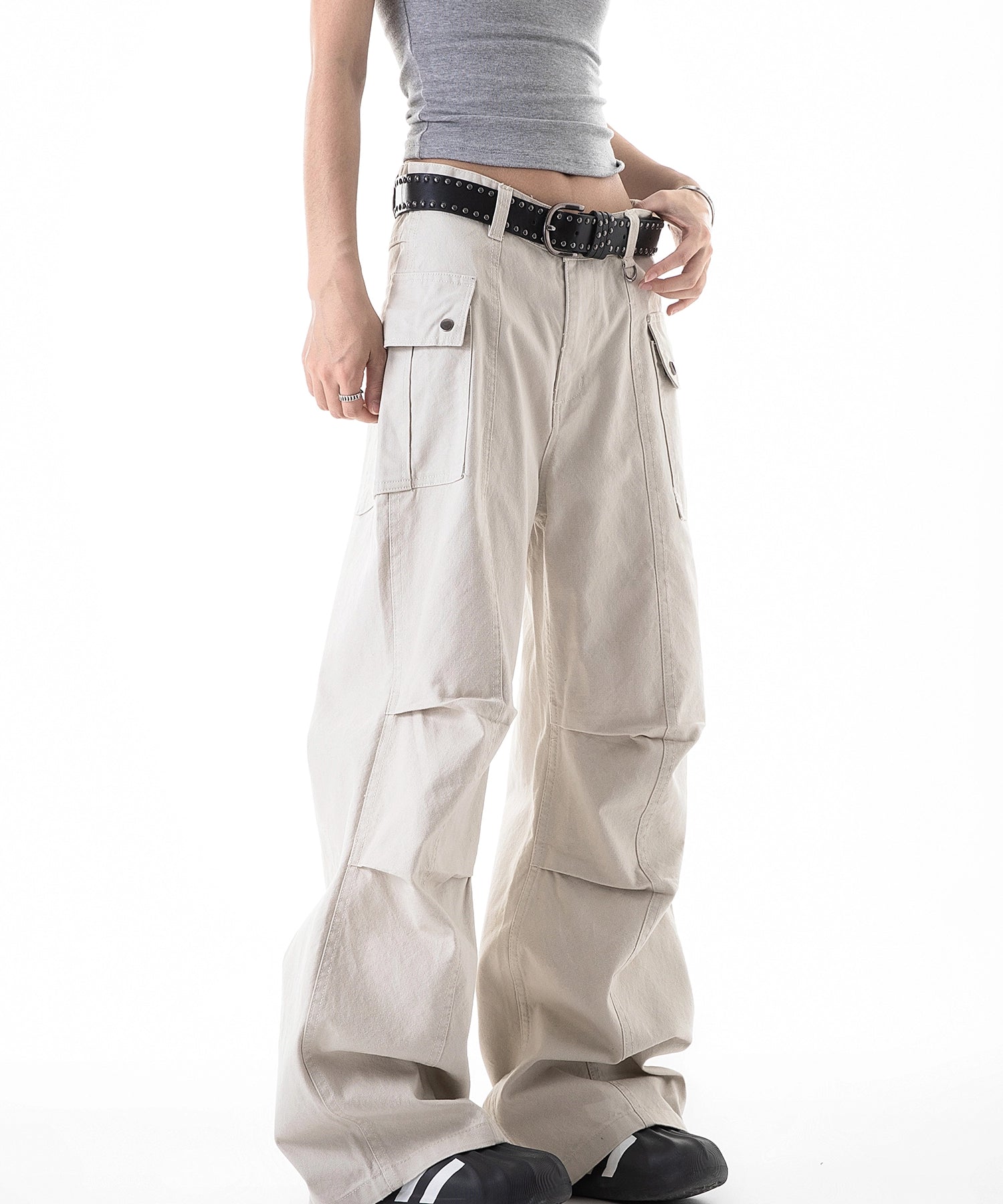 ICH MODE 美式复古口袋休闲裤女夏季宽松直筒工装裤流行阔腿裤子